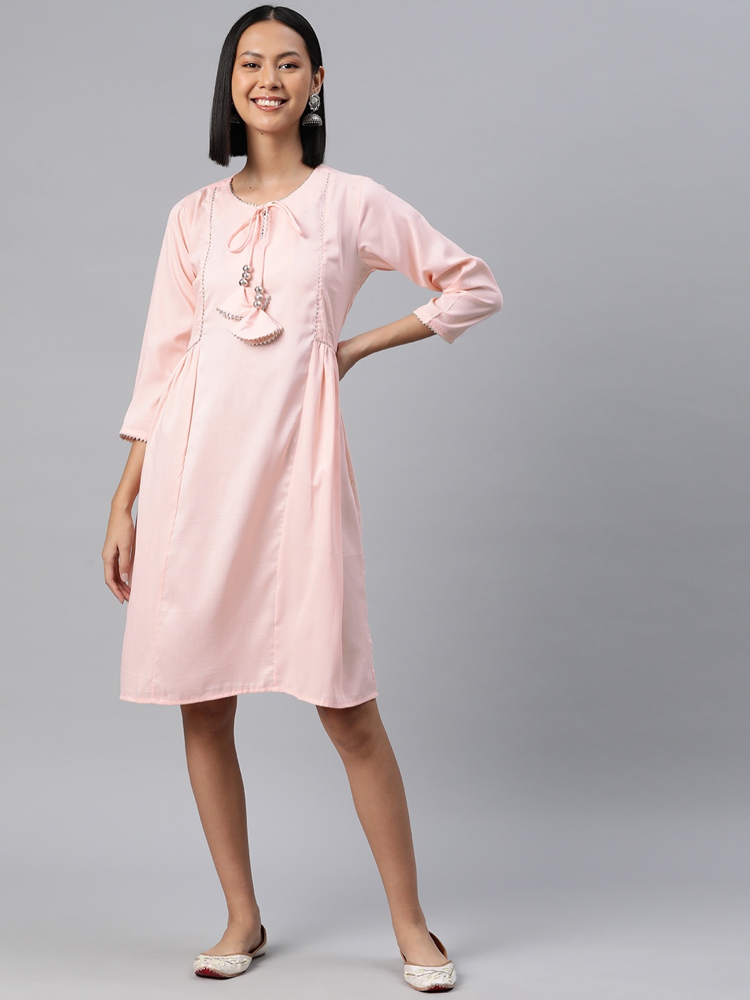 

RAJGRANTH Tie-Up Neck A-Line Dress, Pink