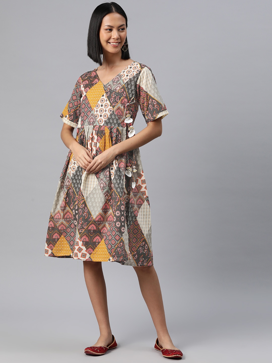 

RAJGRANTH Ethnic Motifs Printed Tie-Ups A-Line Dress, Multi