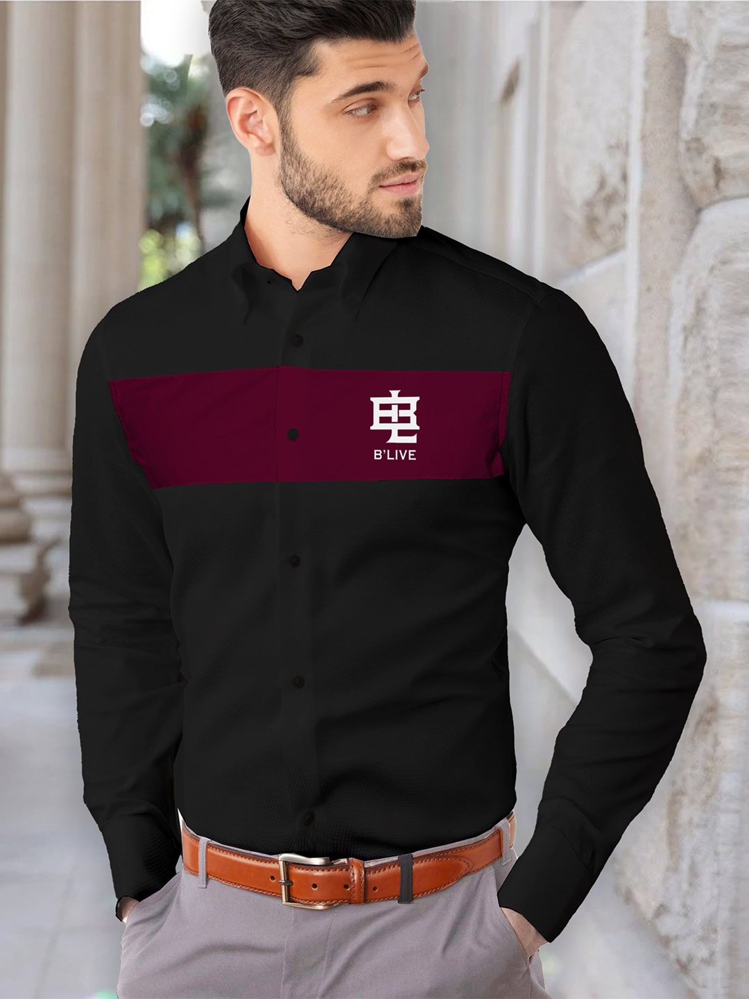 

BLIVE Men Horizontal Striped Formal Cotton Shirt, Black