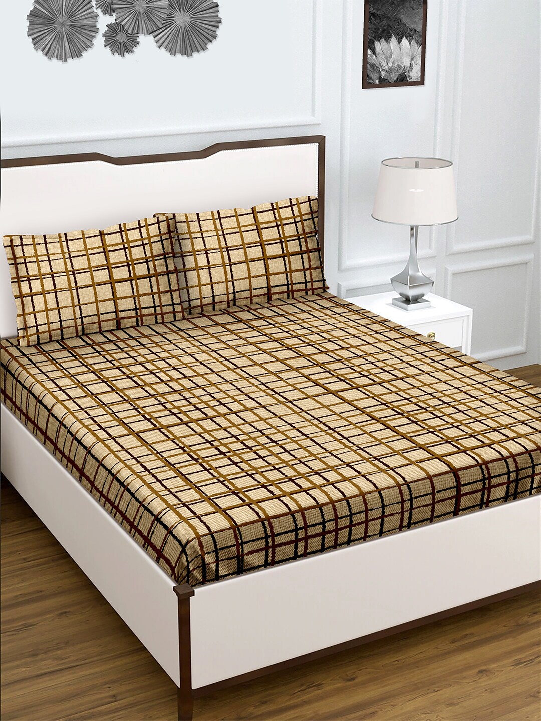 

BELLA CASA Beige Geometric 150 TC Pure Cotton King Bedsheet with 2 Pillow Covers