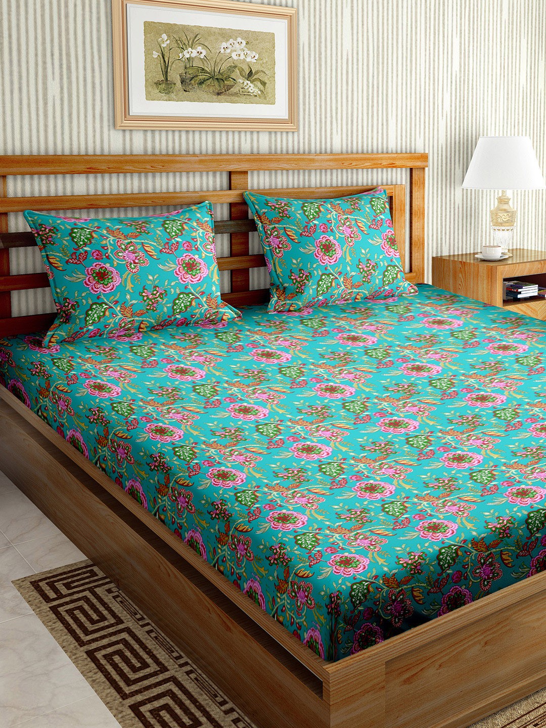 

BELLA CASA Sea Green & Red Floral Microfiber King Bedsheet with 2 Pillow Covers