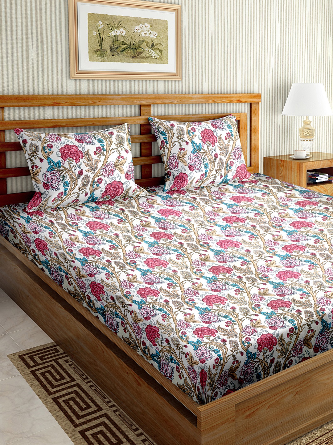 

BELLA CASA White & Magenta Floral 150 TC Microfiber King Bedsheet with 2 Pillow Covers