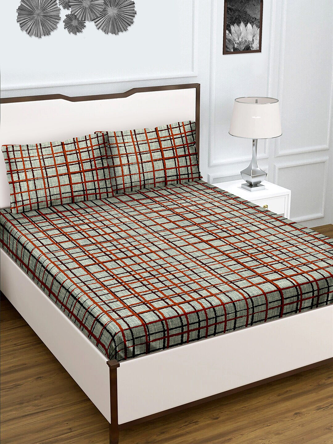 

BELLA CASA Grey & Brown Geometric 150 TC 100% Cotton King Bedsheet with 2 Pillow Covers