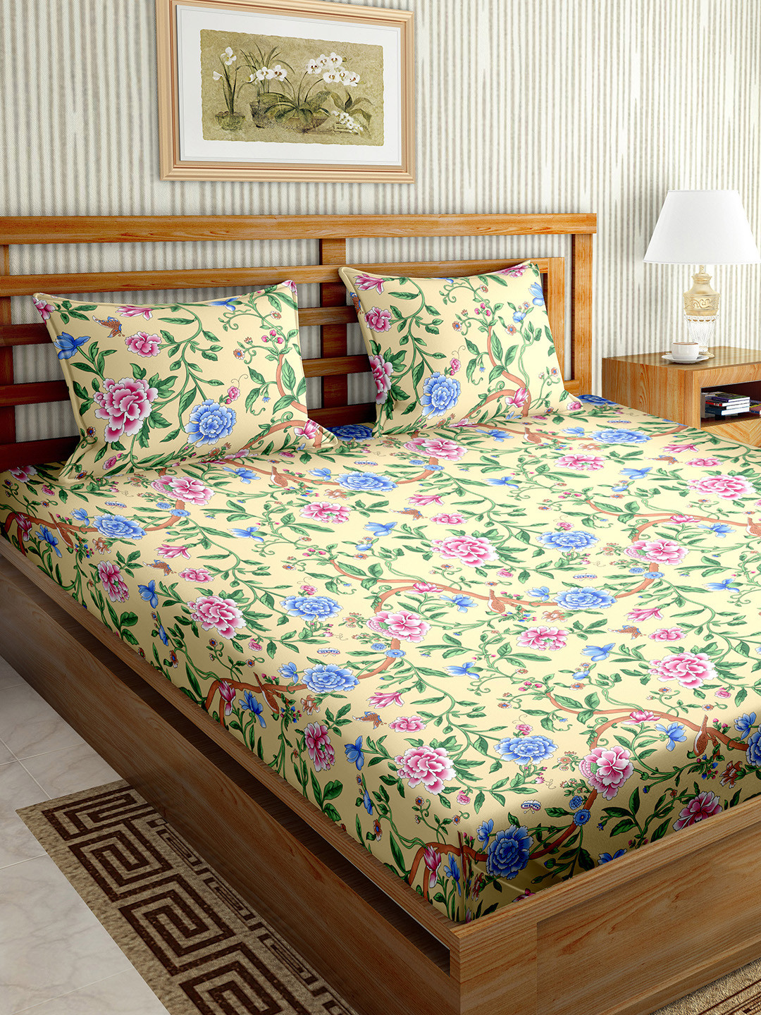 

BELLA CASA Yellow & Pink Floral 150 TC Microfiber King Bedsheet with 2 Pillow Covers