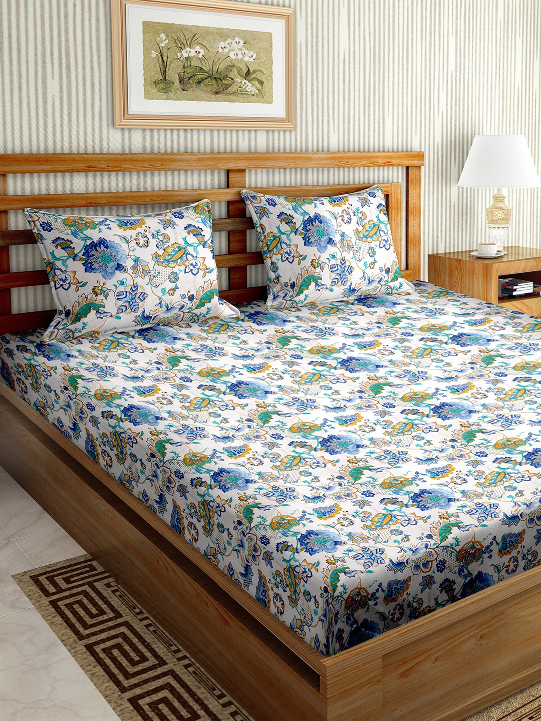 

BELLA CASA White & Blue Floral 150 TC Microfiber King Bedsheet with 2 Pillow Covers