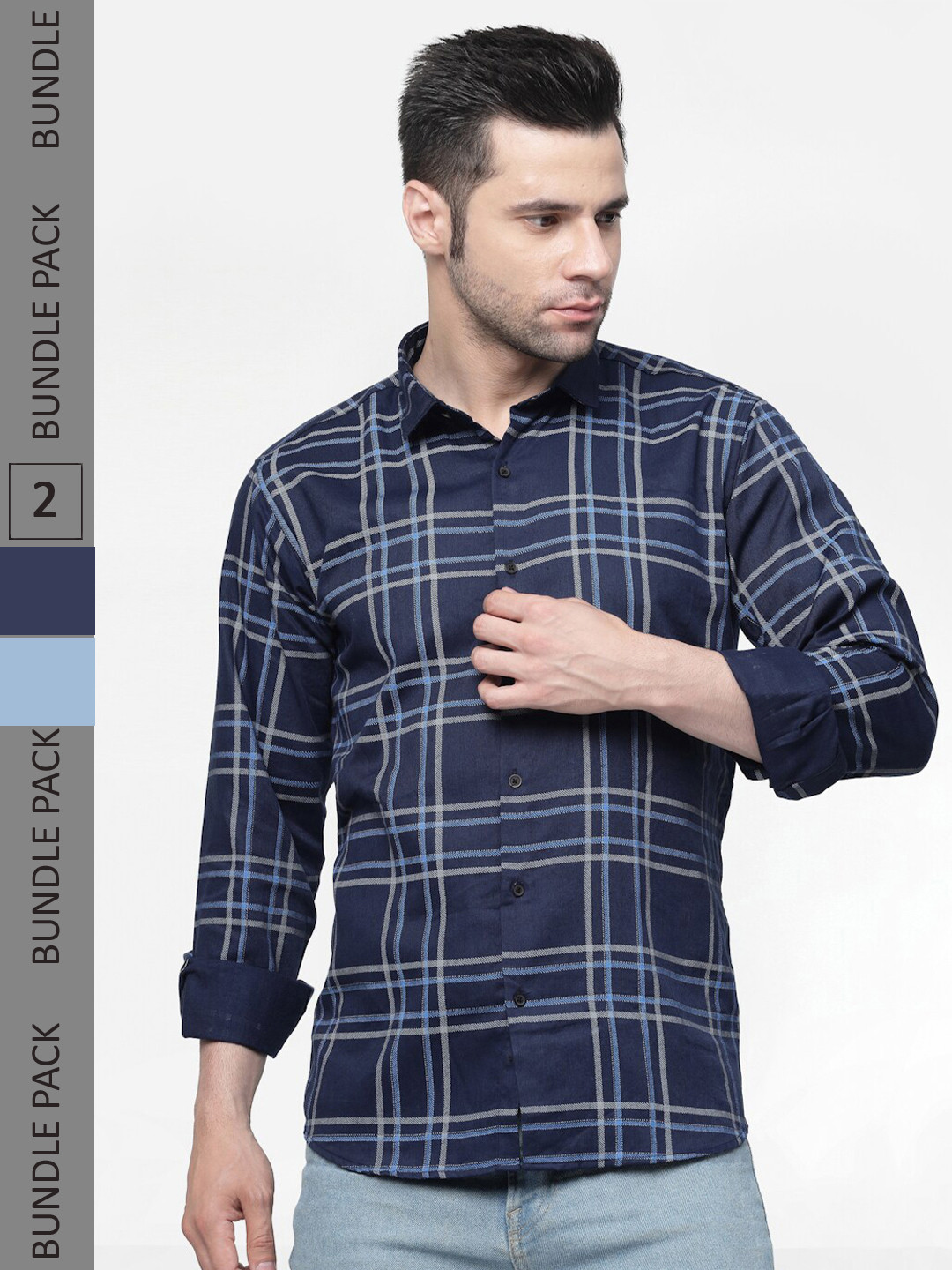 

allan peter Pack Of 2 Checked Cotton Casual Shirt, Navy blue