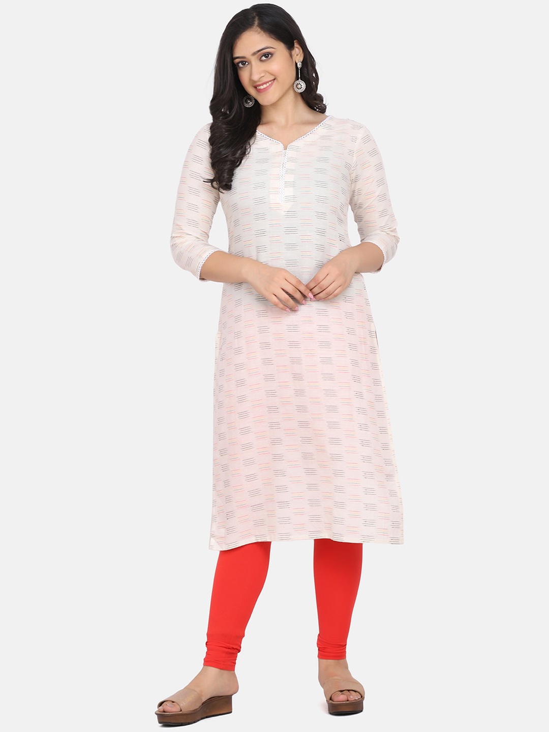 

KALINI Woven Design V-Neck Cotton Kurta, Off white
