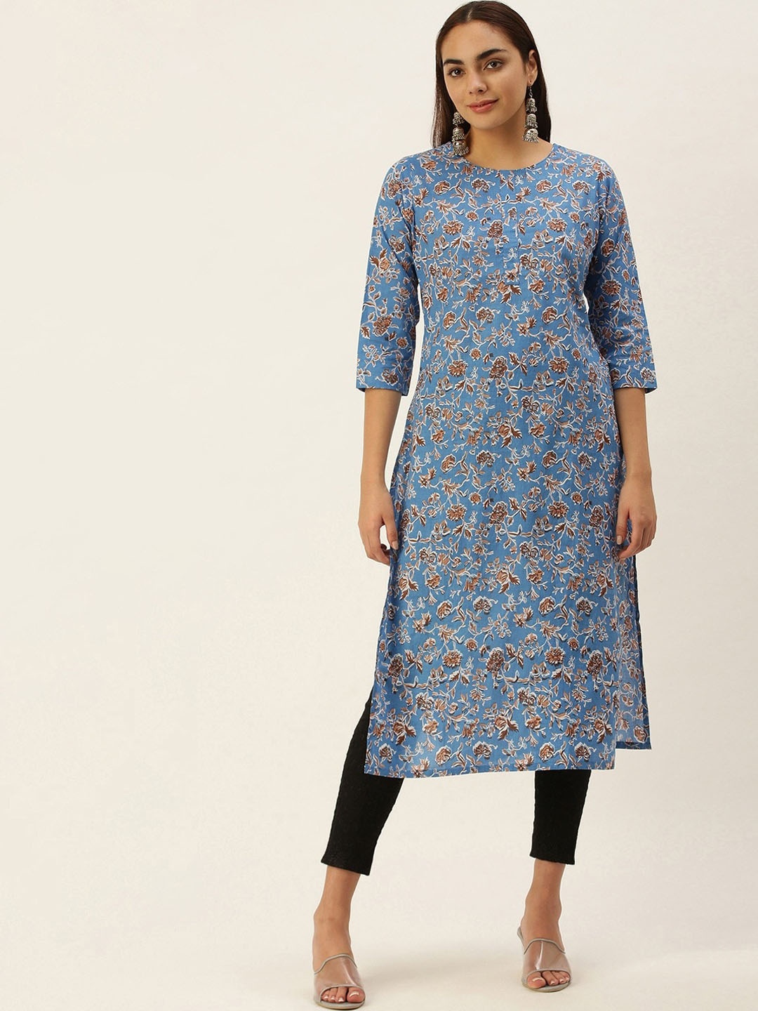 KALINI Floral Printed Pure Cotton Kurta, Blue