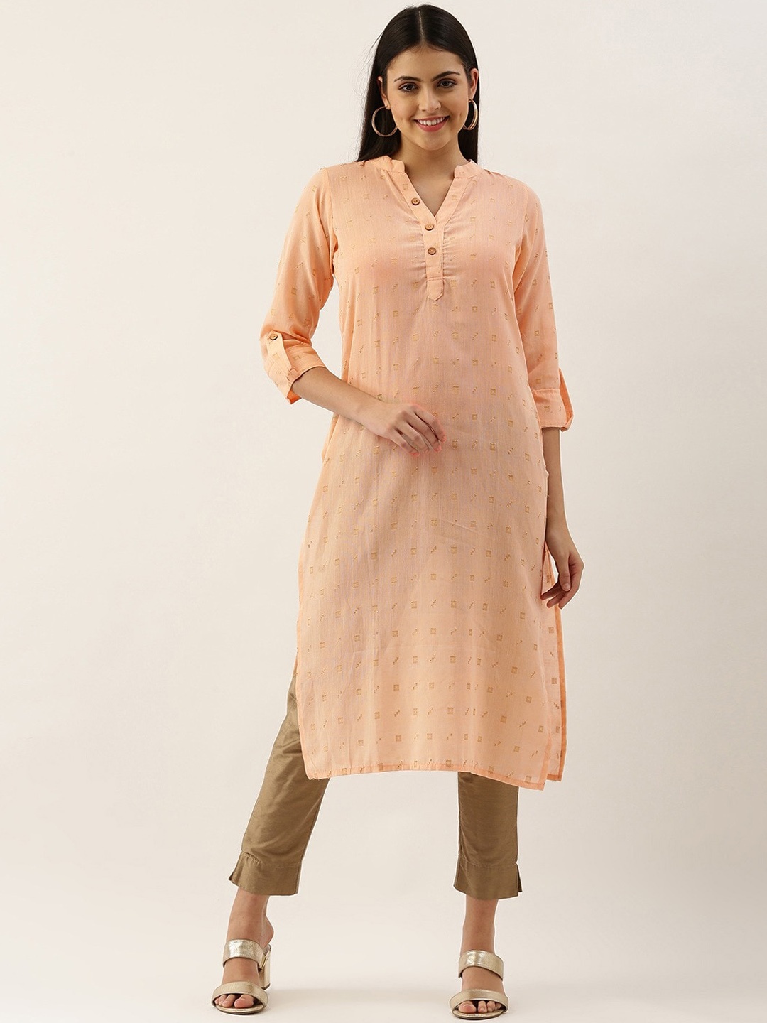 

KALINI Geometric Thread Work Pure Cotton Straight Kurta, Peach