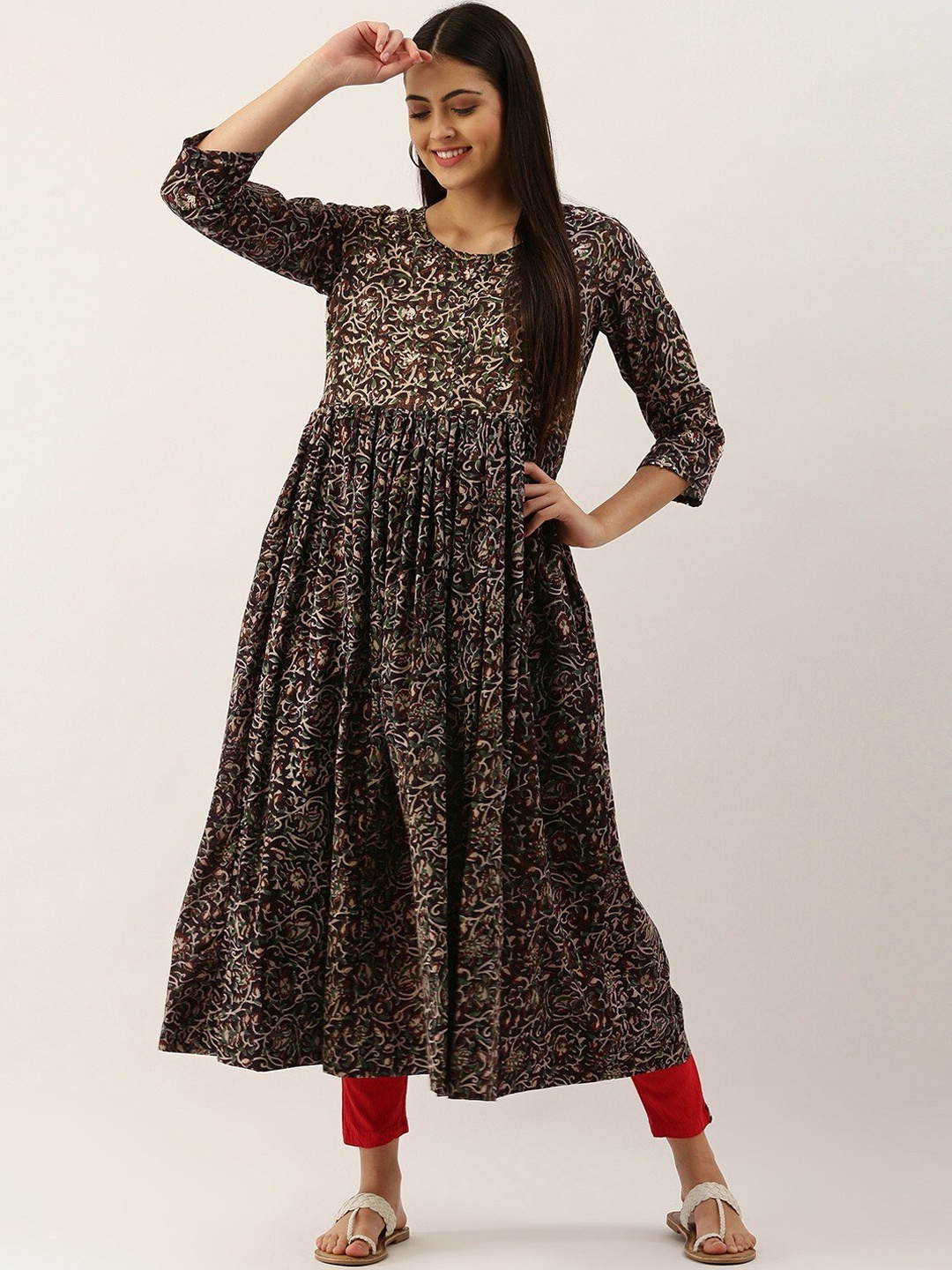 KALINI Ethnic Motifs Printed Pure Cotton Anarkali Kurta, Black