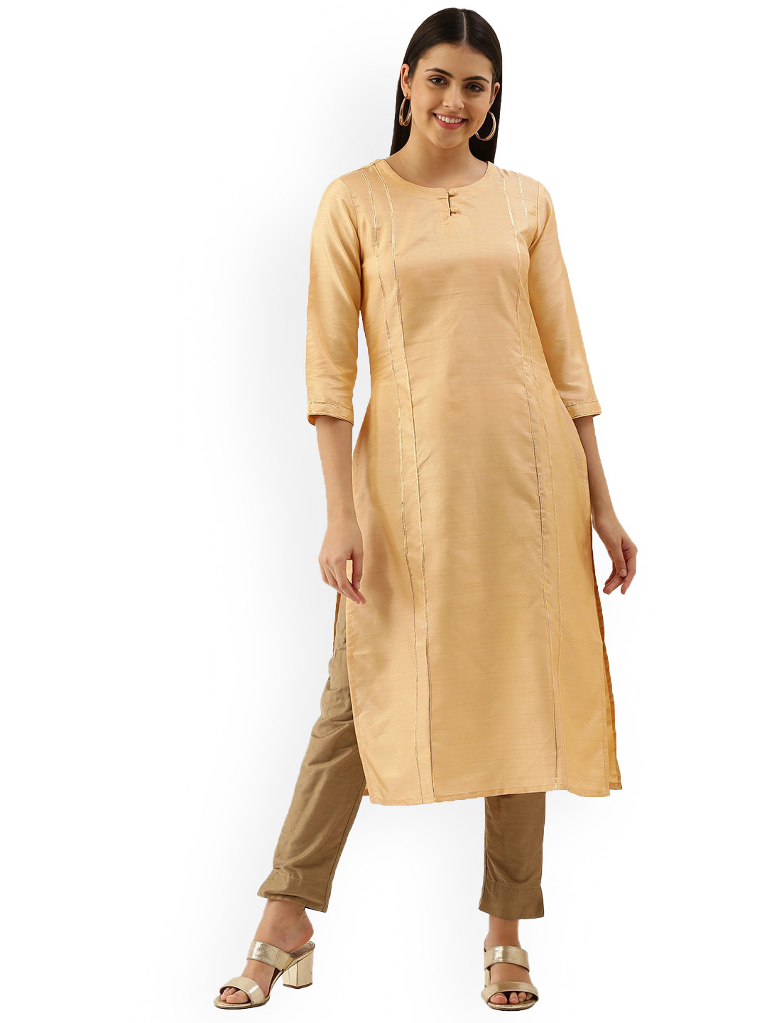 

KALINI Solid Round Neck Cotton Kurta, Cream