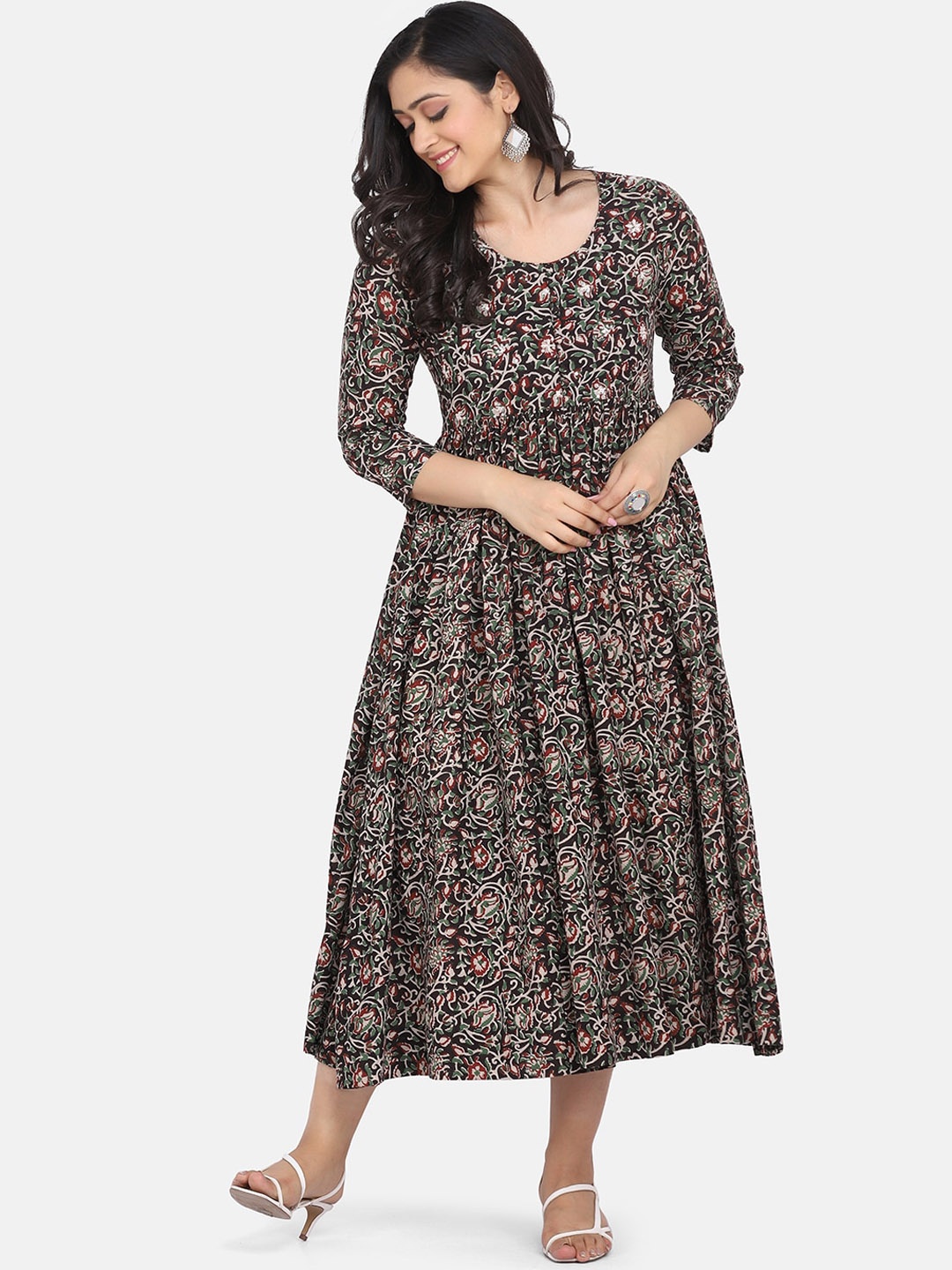 

KALINI Floral Printed Anarkali Cotton Kurta, Black