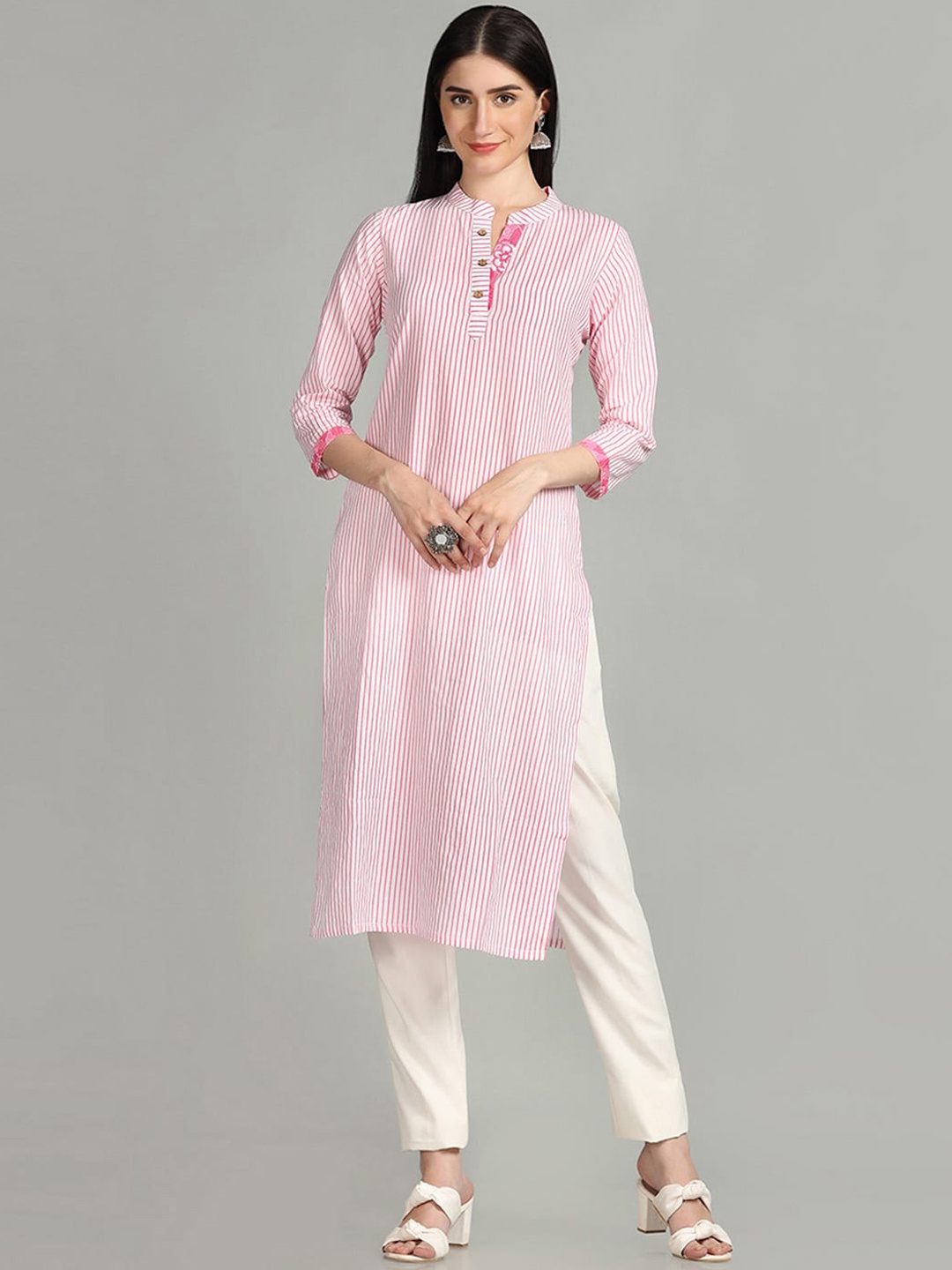 

KALINI Striped Mandarin Collar Cotton Kurta, Pink