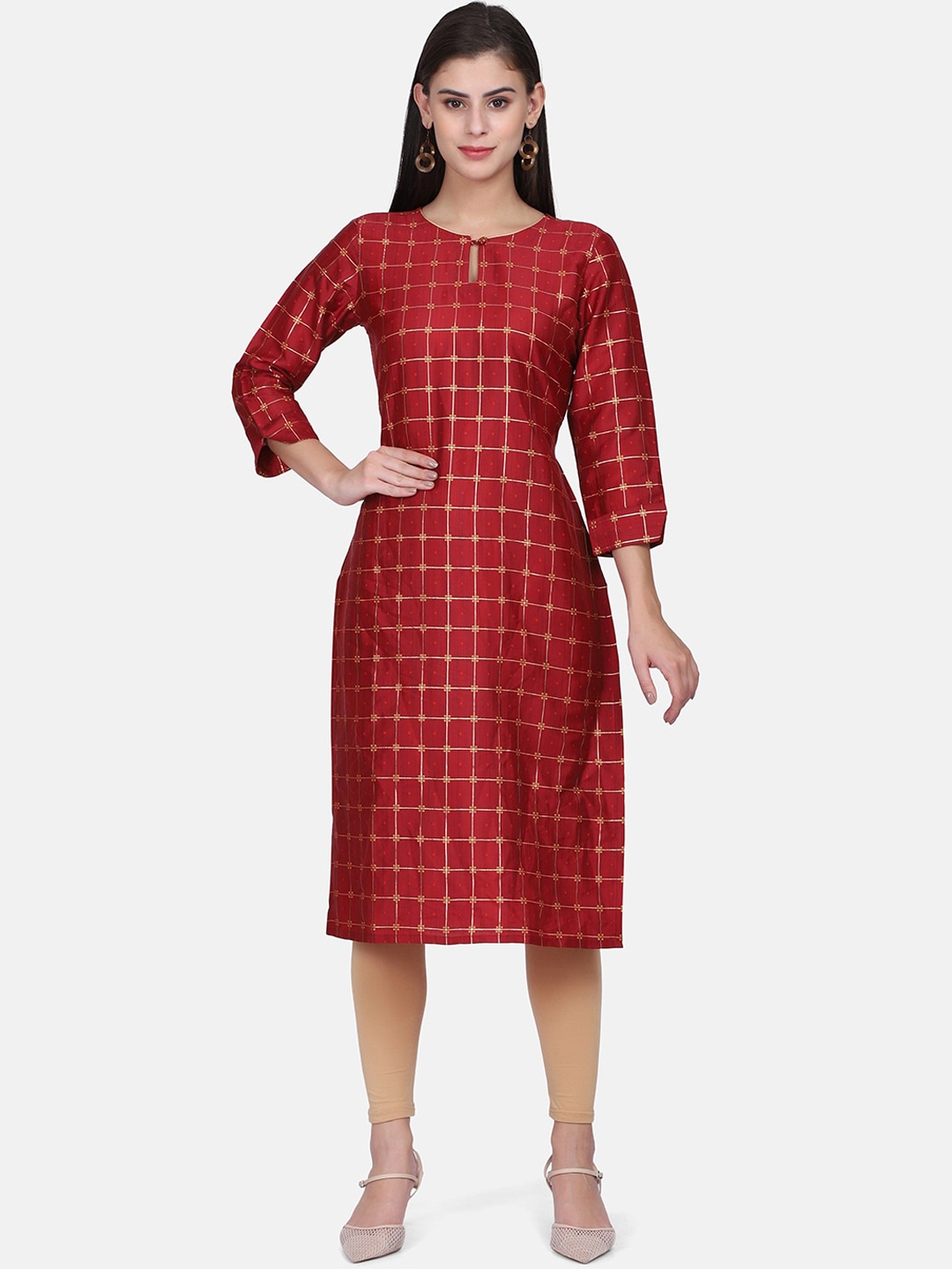 

KALINI Checked Keyhole Neck Silk Kurta, Maroon