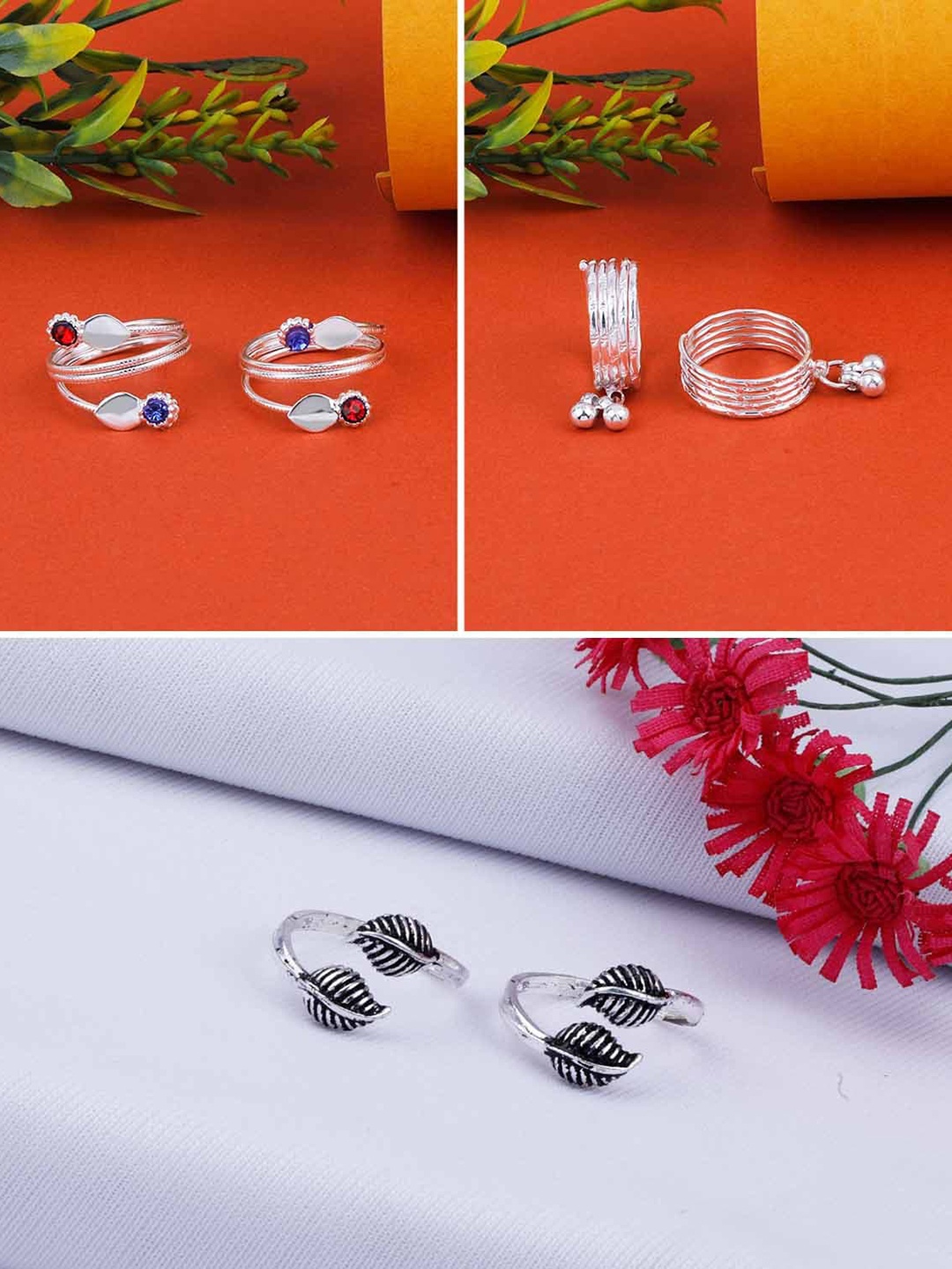 

Silver Shine Set Of 3 Silver-Plated Stone-Studded Oxidised Toe Rings
