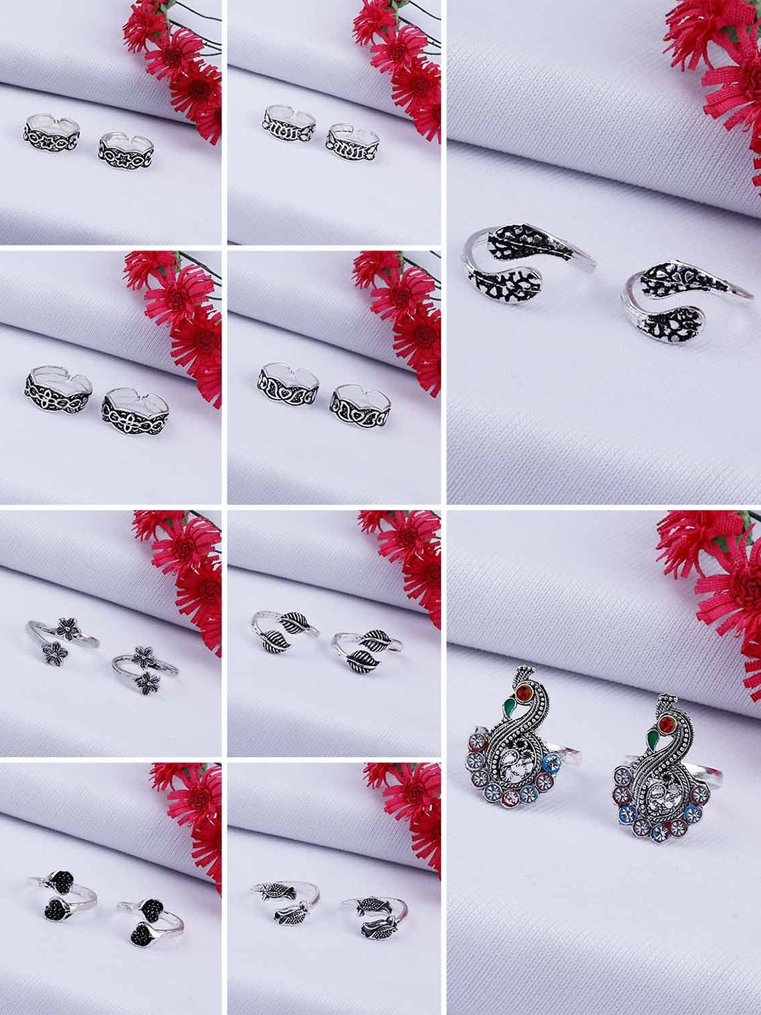 

Silver Shine Set Of 10 Silver-Plated Stone-Studded Oxidised Toe Rings