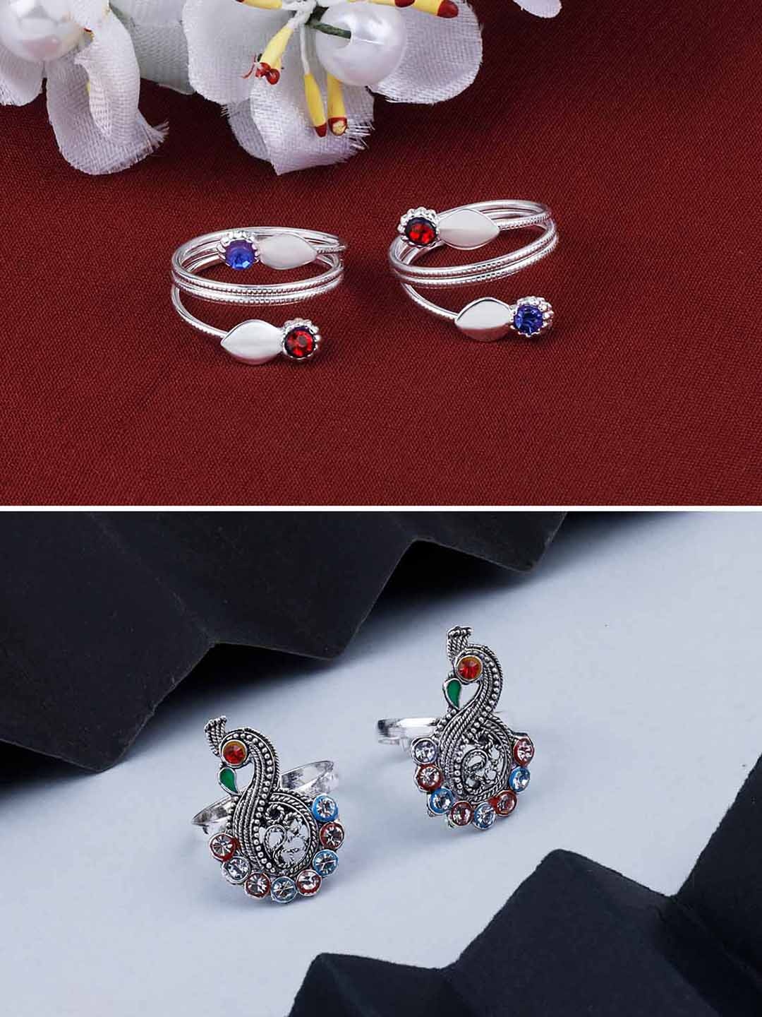 

Silver Shine Set Of 2 Silver-Plated & Stone-Studded Toe Rings