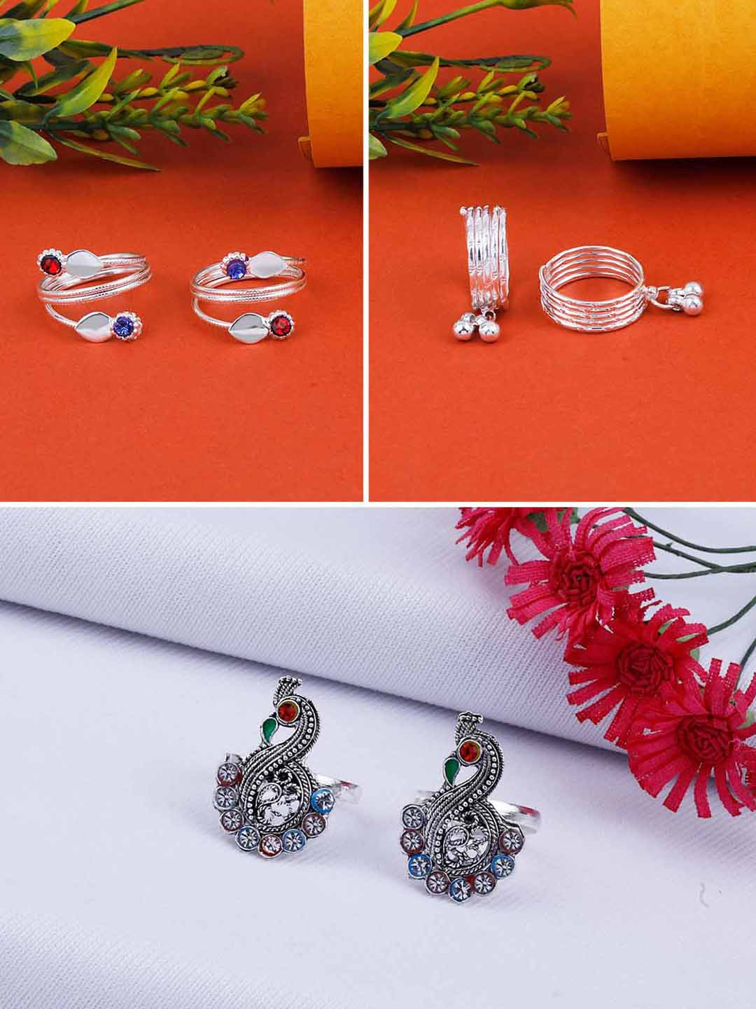 

Silver Shine Set Of 3 Oxidised Silver-Plated Stone-Studded Toe Rings