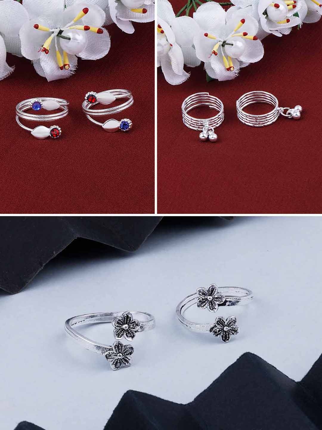 

Silver Shine Set Of 3 Silver-Plated & Stone-Studded Toe Rings