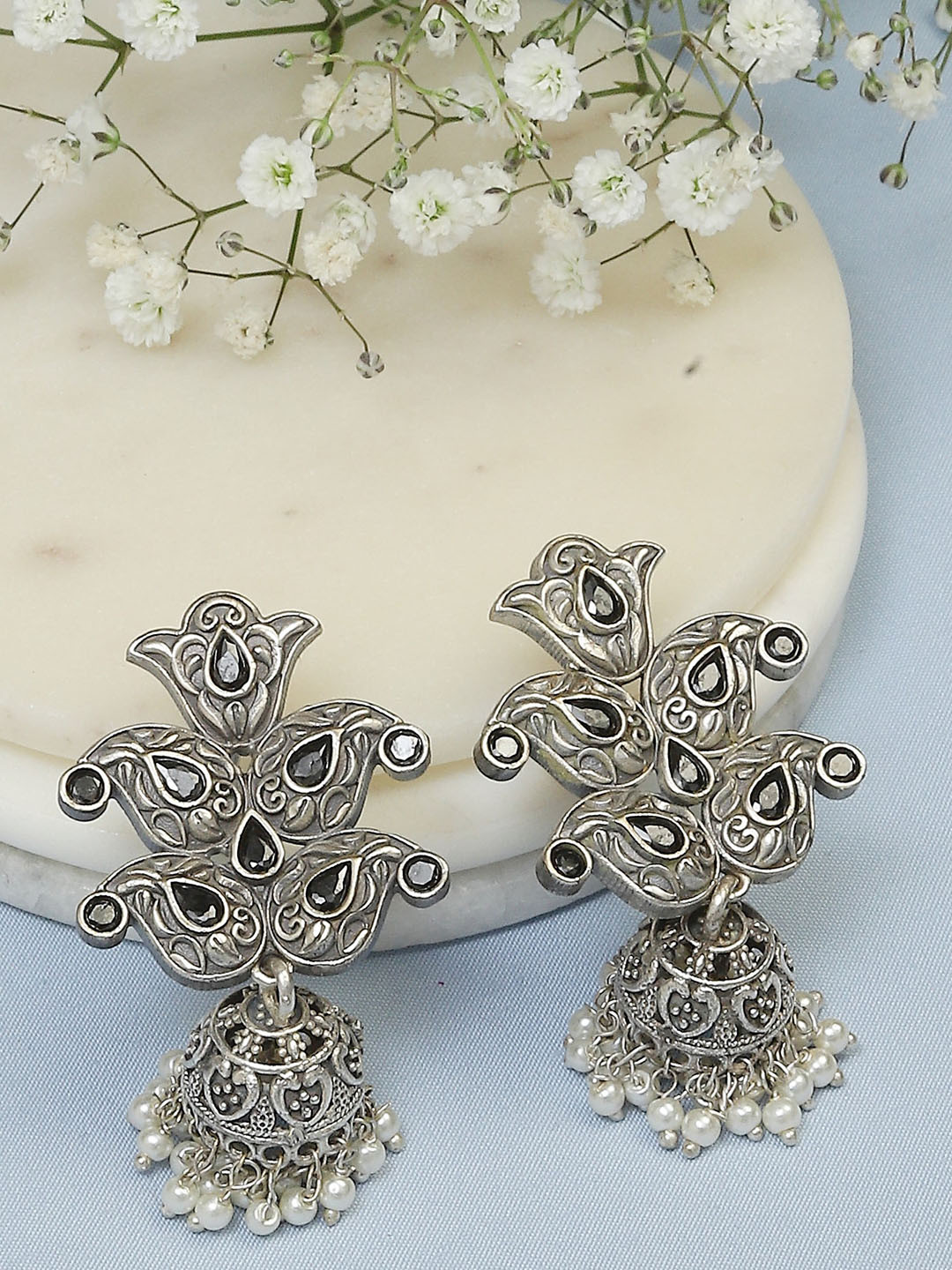 

Biba Silver Plated Contemporary Stone Studded And Beaded Jhumkas