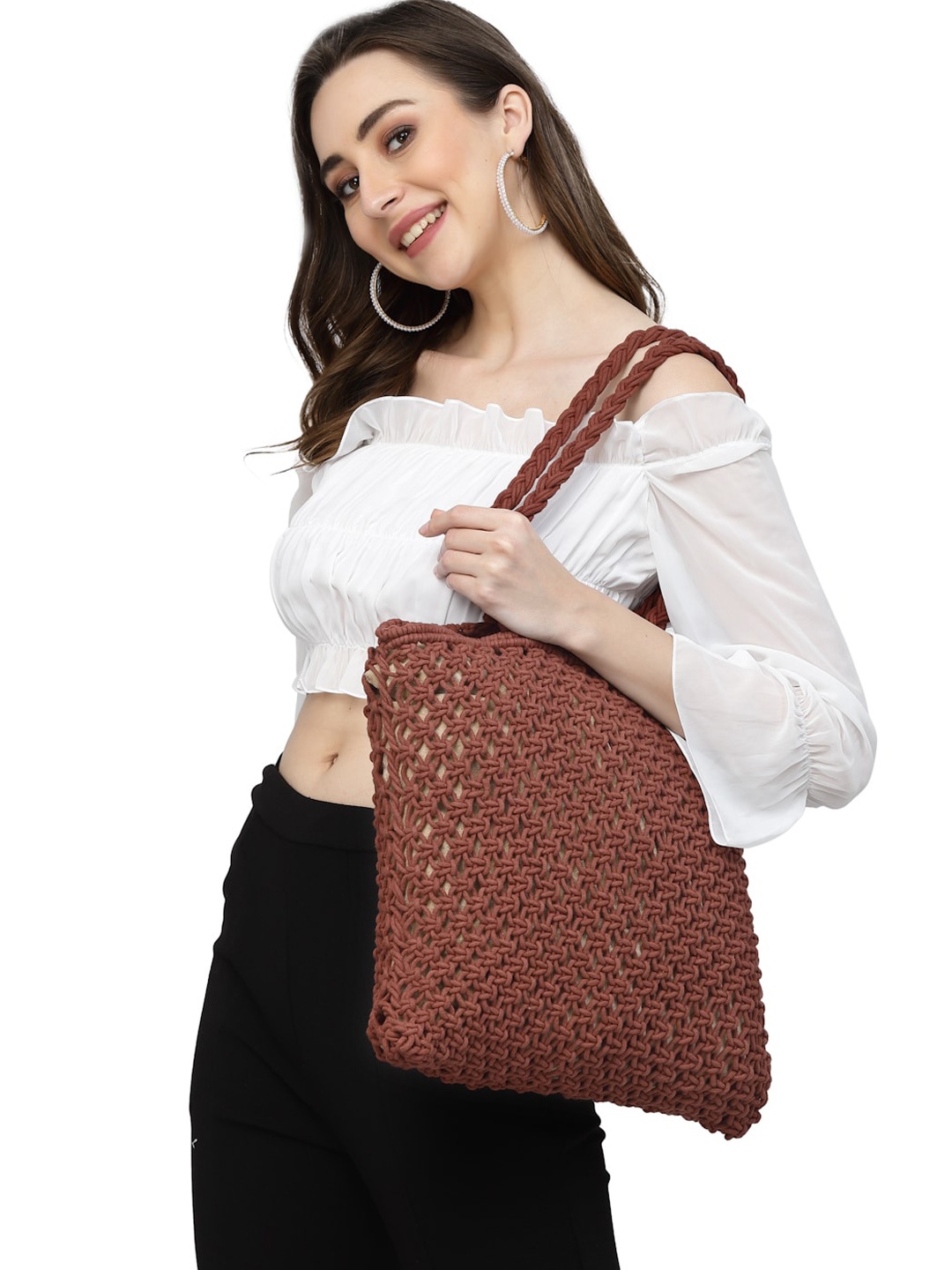 

Arrabi Self Design Structured Cotton Shoulder Bag, Brown