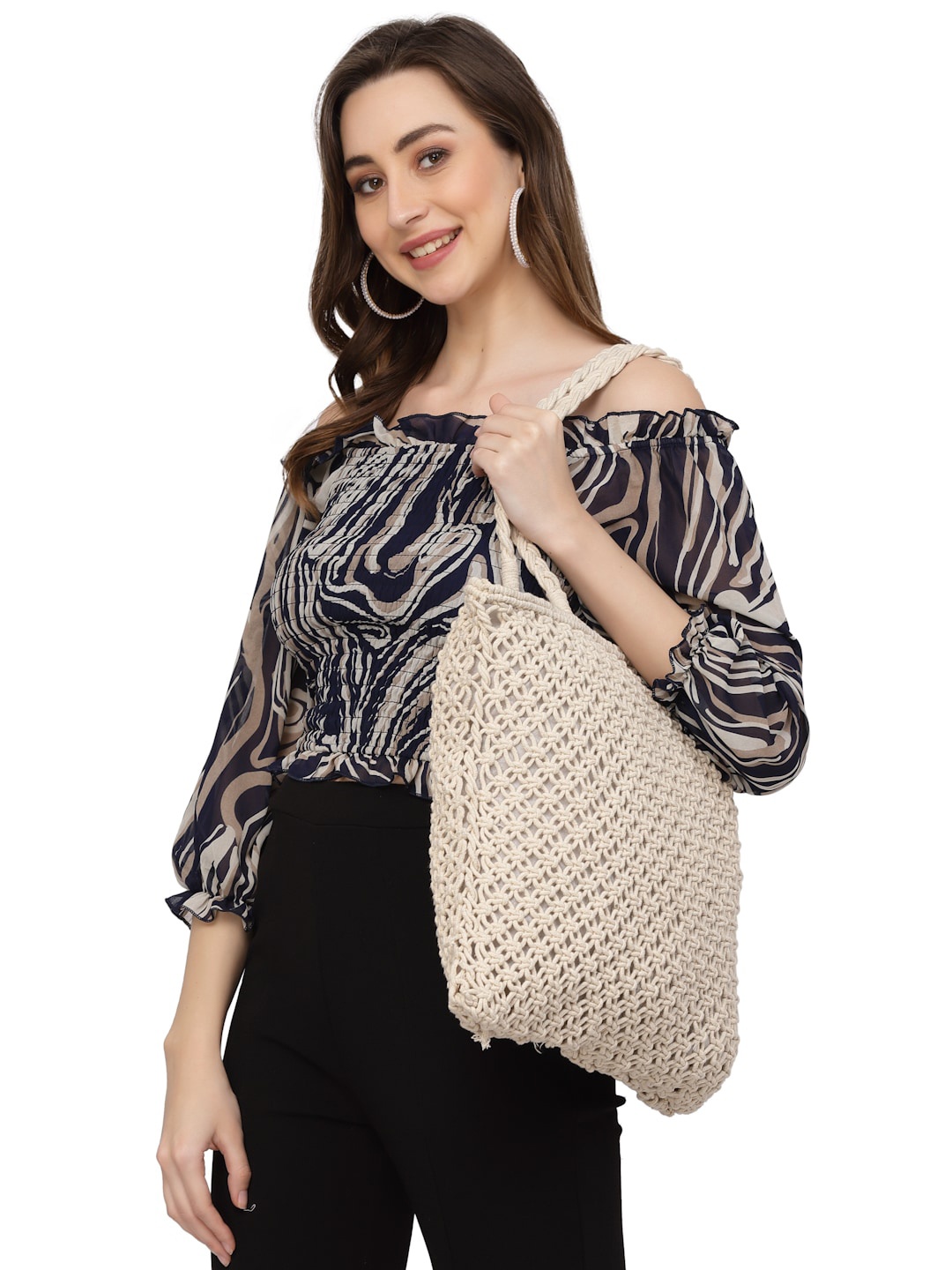 Arrabi Geometric Self Design Oversized Structured Cotton Shoulder Bag, Cream