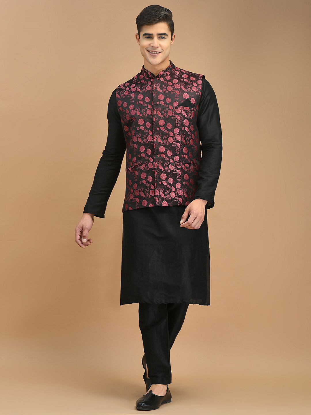 

HOUSE OF DEYANN Mandarin Collar Regular Dupion Silk Kurta with Pyjamas & Nehru Jacket, Black
