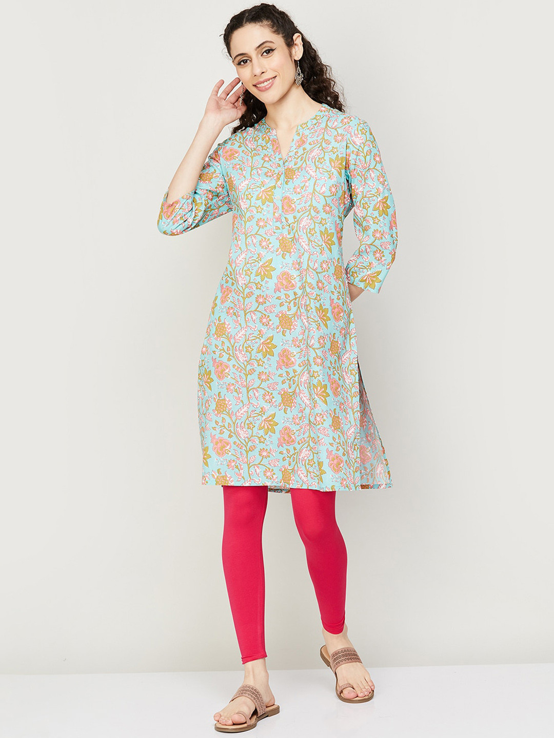

Melange by Lifestyle Band Collar Floral Printed Kurta, Blue
