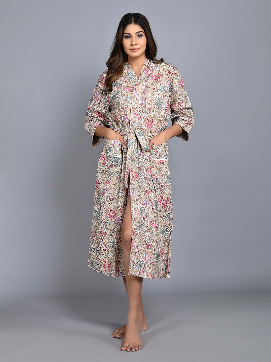 

SHOOLIN Floral Printed Pure Cotton Nightdress, Cream