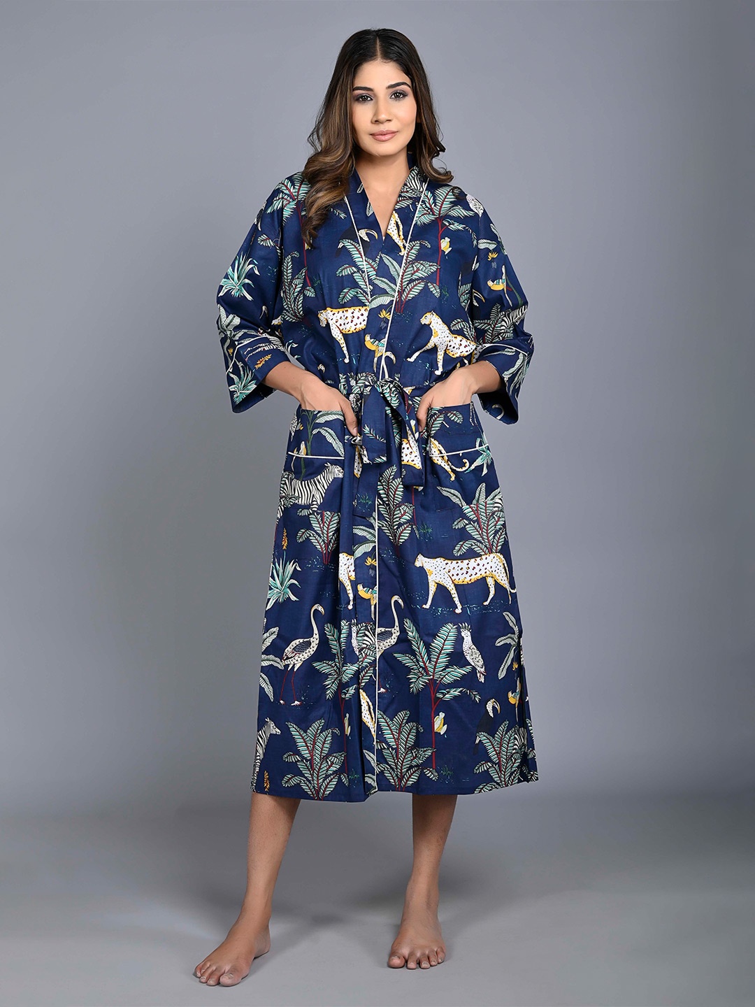 

SHOOLIN Floral Printed Pure Cotton Nightdress, Navy blue