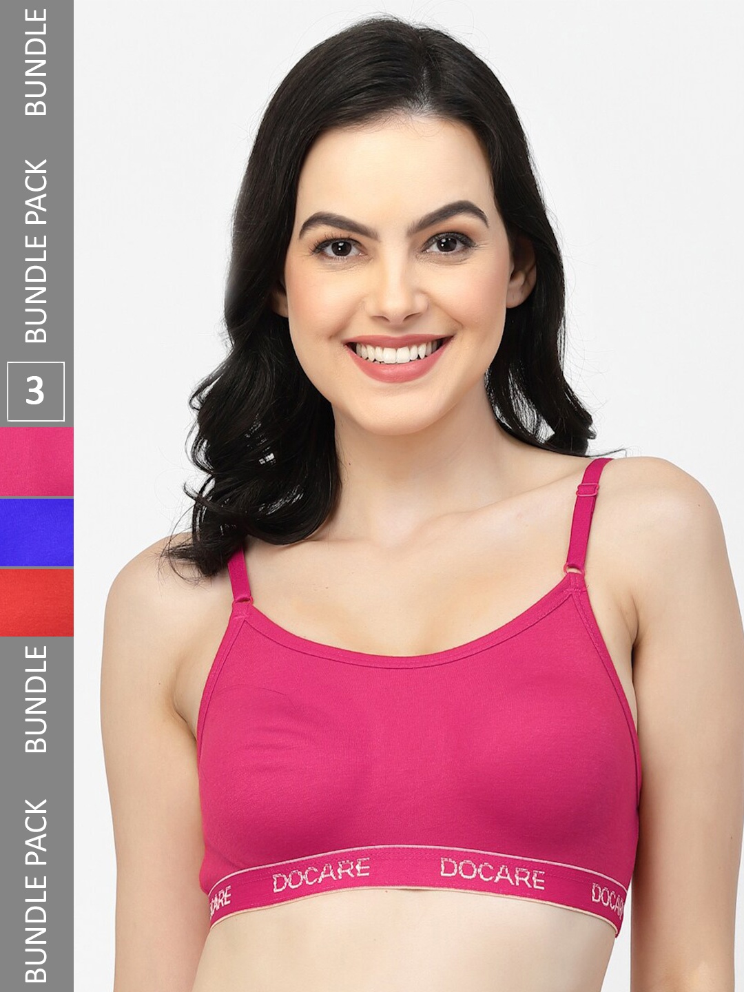 

Docare Pack Of 3 Non-Wired Non-Padded All Day Comfort Seamless Cotton T-Shirt Sports Bra, Pink