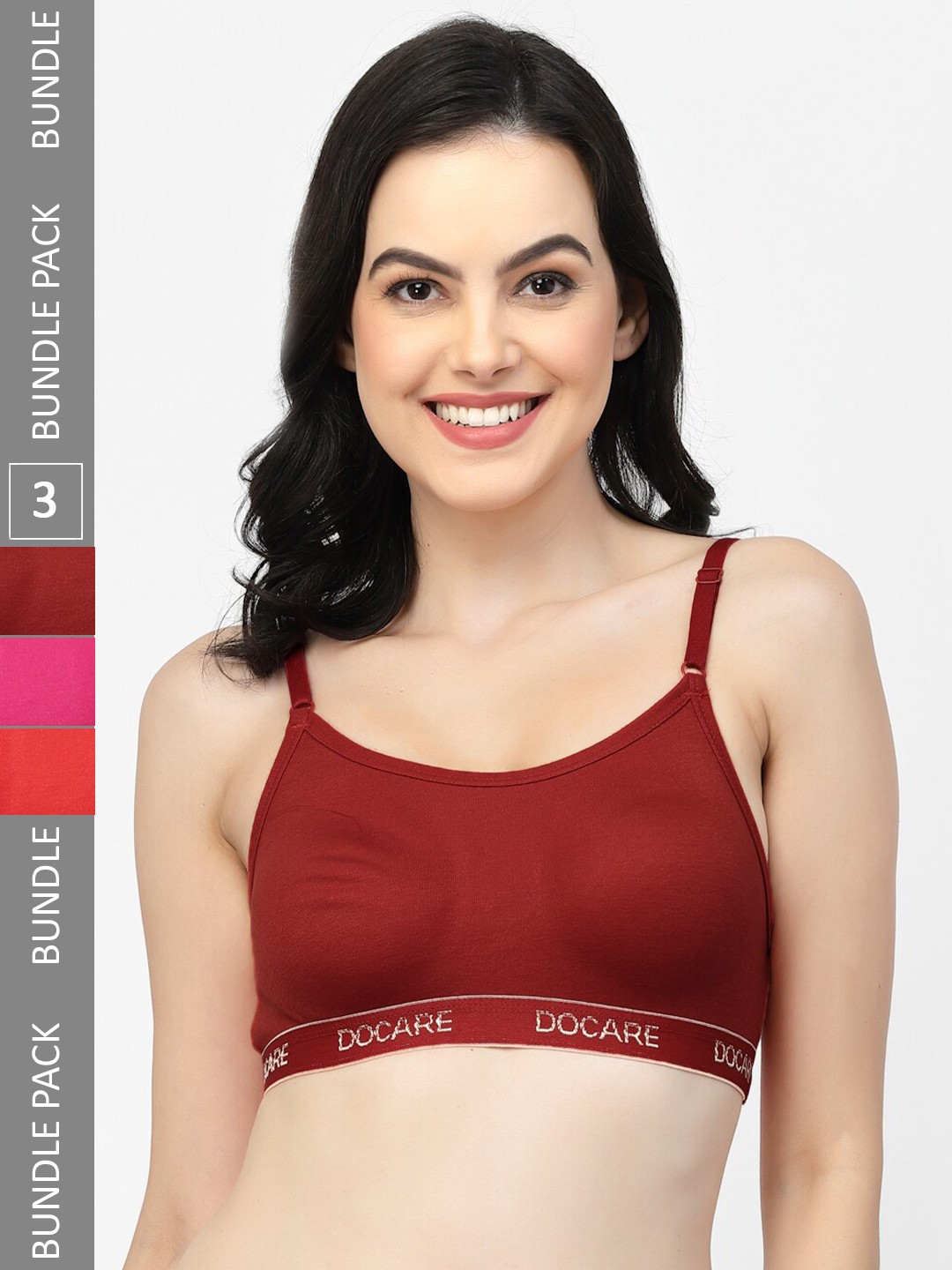 

Docare Pack Of 3 Non-Wired Non-Padded All Day Comfort Seamless Cotton T-Shirt Sports Bra, Pink