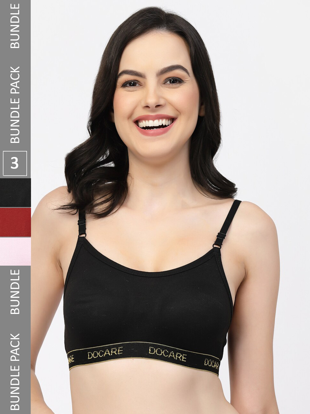 

Docare Pack Of 3 Non-Wired Non-Padded All Day Comfort Seamless Cotton T-Shirt Sports Bra, Black