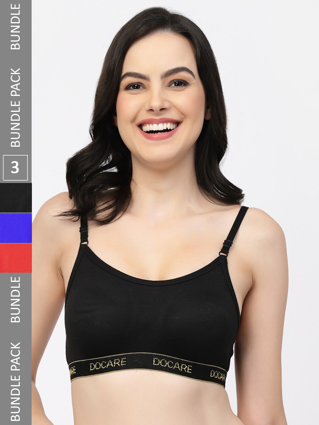 

Docare Pack of 3 Full Coverage All Day Comfort Seamless Cotton Workout Bra, Black