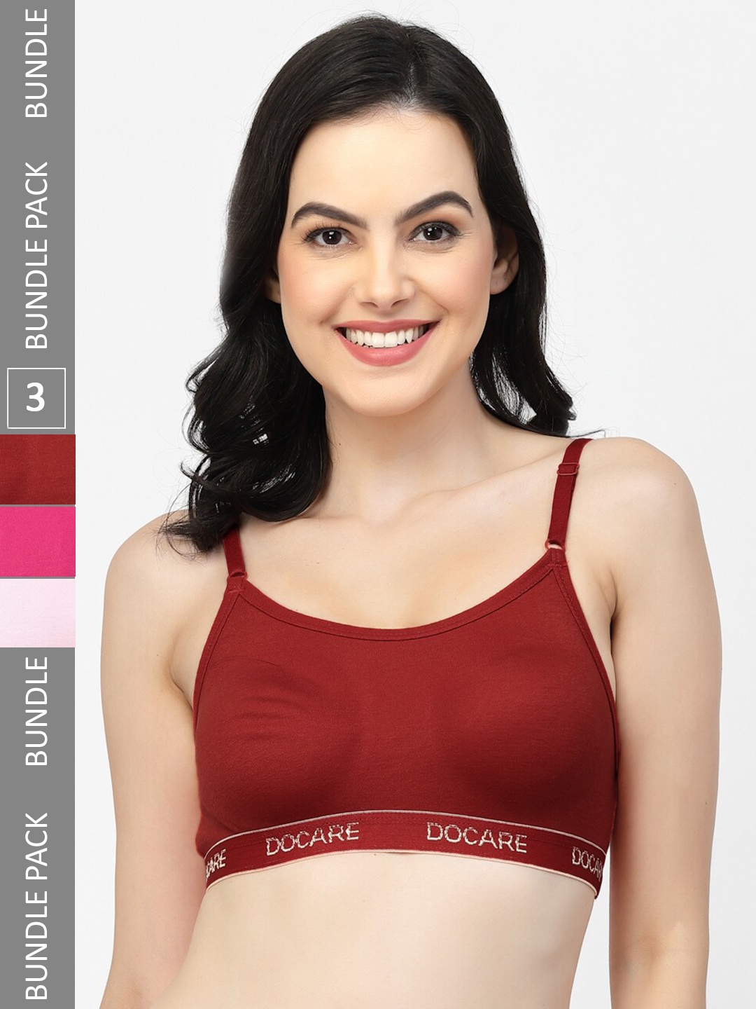 

Docare Pack Of 3 Non-Wired Non-Padded All Day Comfort Seamless Cotton T-Shirt Sports Bra, Maroon