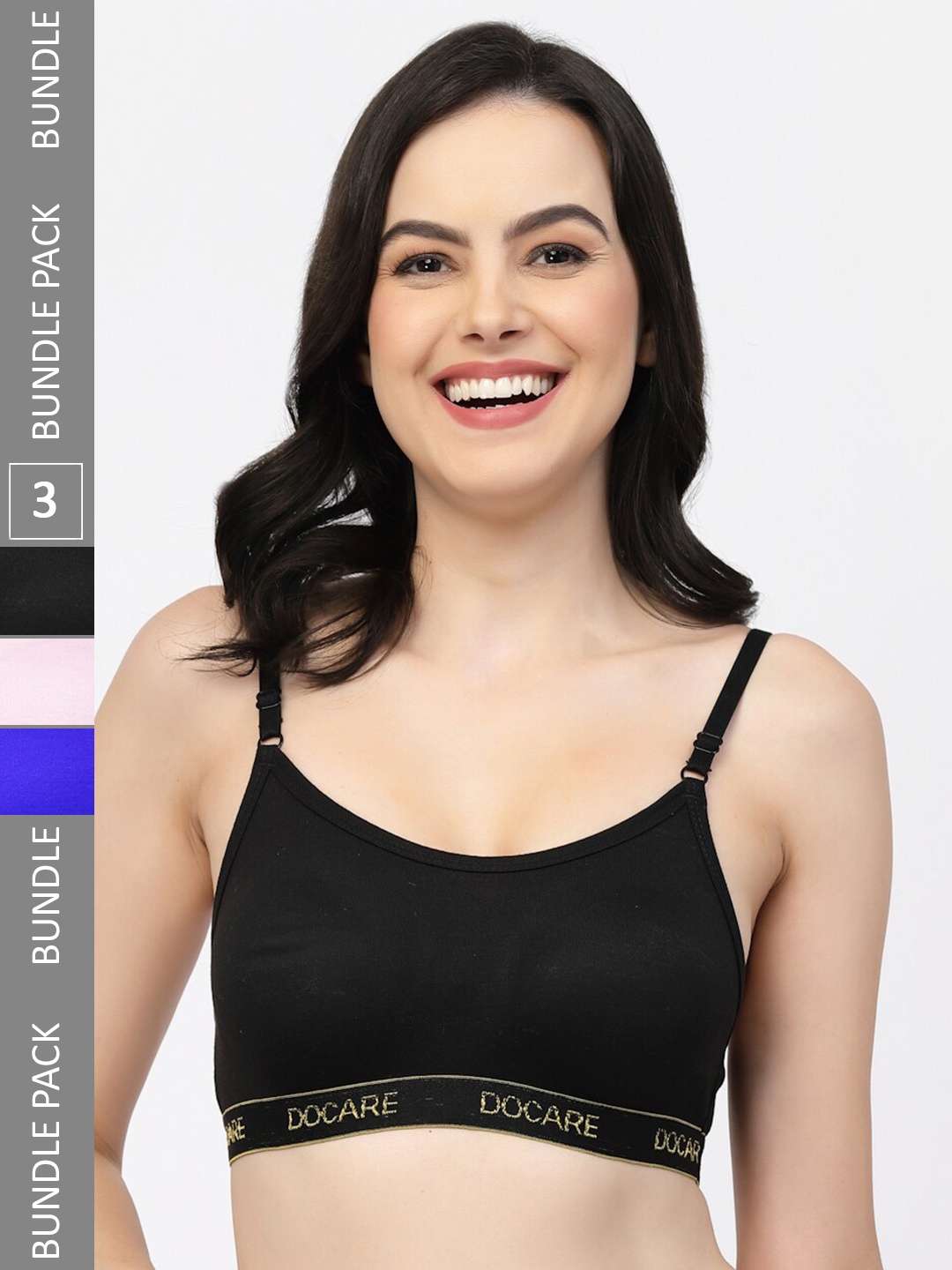 

Docare Pack Of 3 Non-Wired Non-Padded All Day Comfort Seamless Cotton T-Shirt Sports Bra, Blue
