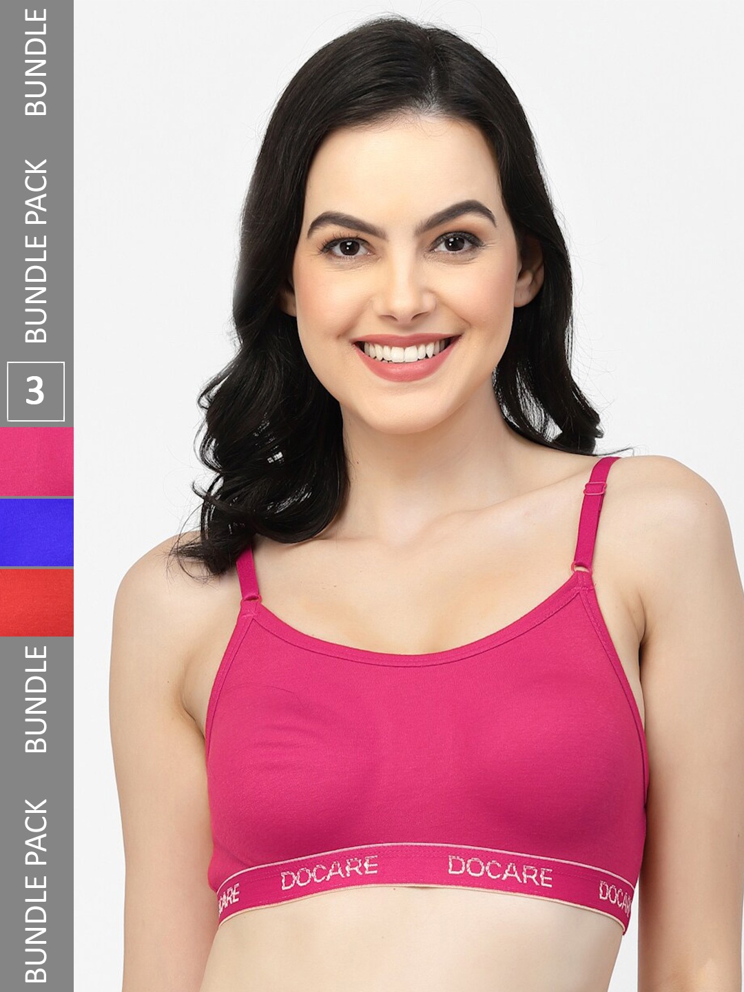 

Docare Pack Of 3 Non-Wired Non-Padded All Day Comfort Seamless Cotton T-Shirt Sports Bra, Red