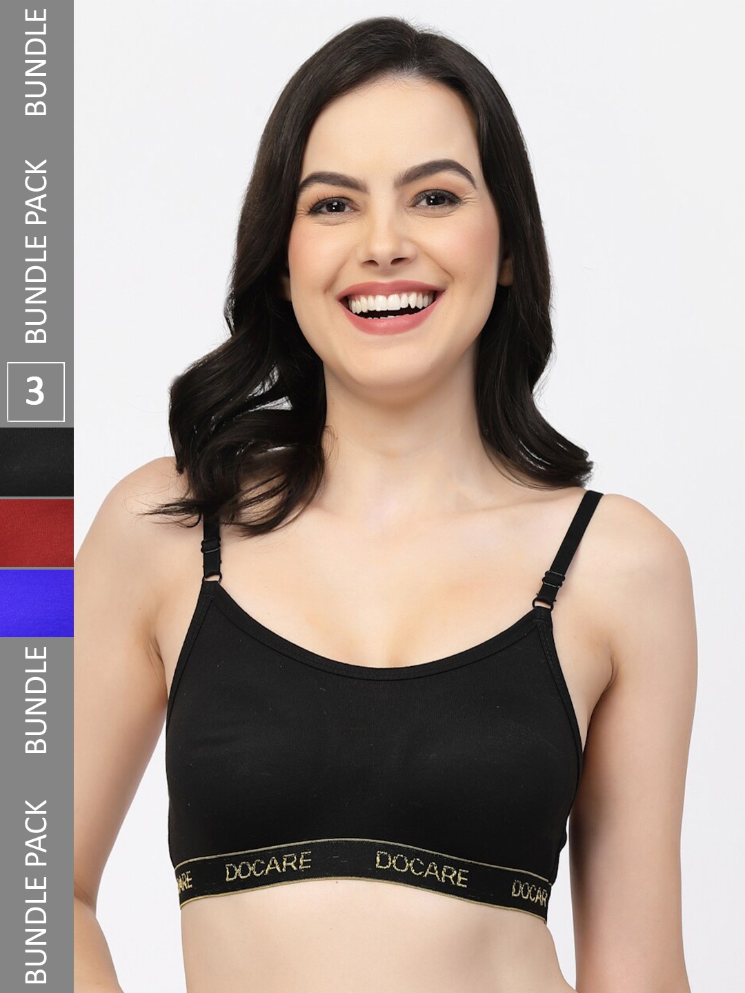

Docare Pack Of 3 Non-Wired Non-Padded All Day Comfort Seamless Cotton T-Shirt Sports Bra, Blue