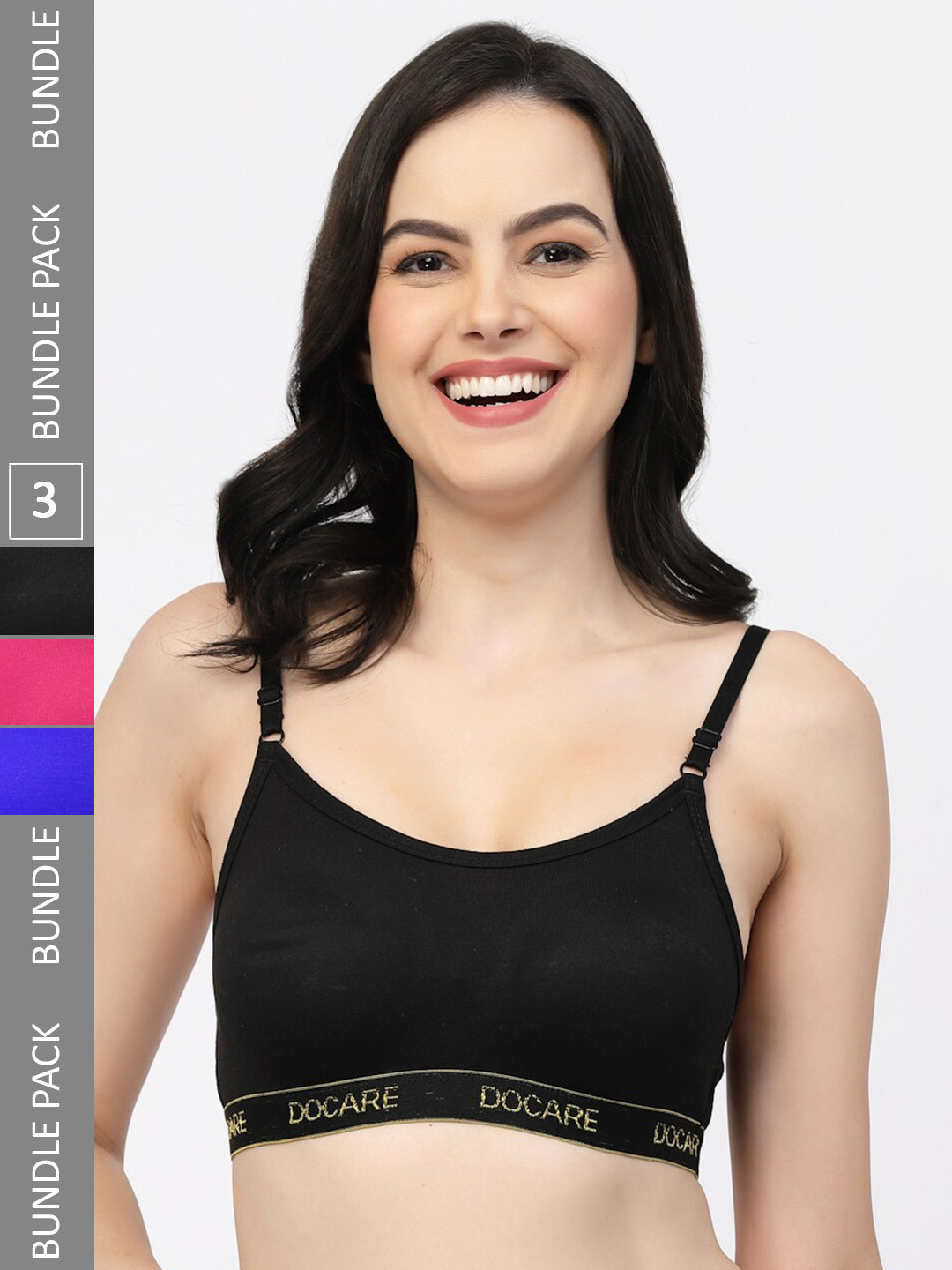 

Docare Pack Of 3 Non-Wired Non-Padded All Day Comfort Seamless Cotton T-Shirt Sports Bra, Blue