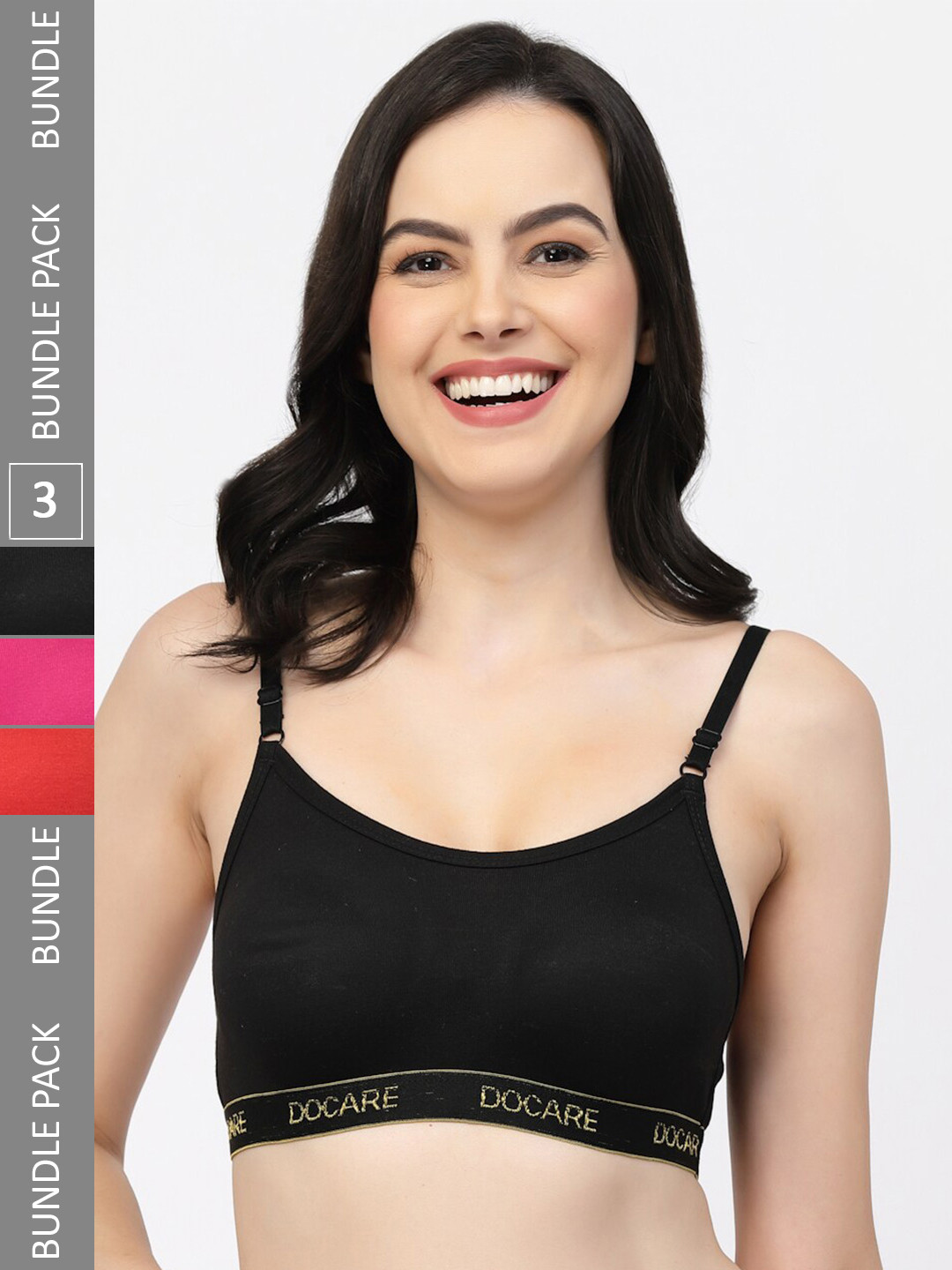 

Docare Pack Of 3 Non-Wired Non-Padded All Day Comfort Seamless Cotton T-Shirt Sports Bra, Black