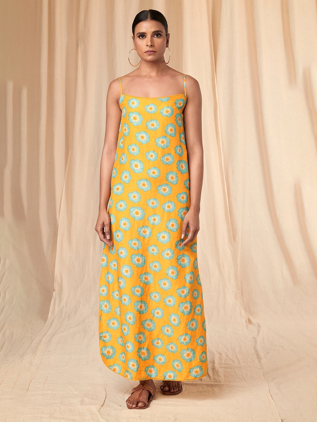 

Masaba Floral Printed Cotton Linen Maxi Slip Dress, Yellow