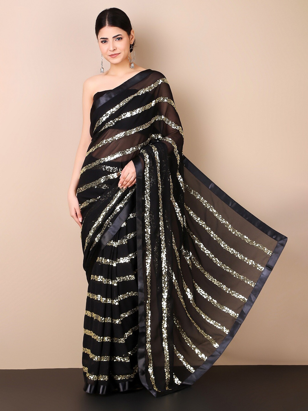 

KALINI Embellished Striped Sequinned Pure Georgette Saree, Black