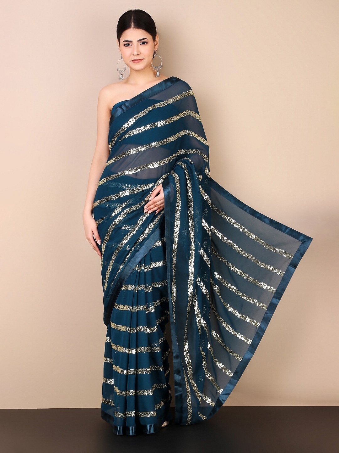 

KALINI Embellished Striped Sequinned Pure Georgette Saree, Teal