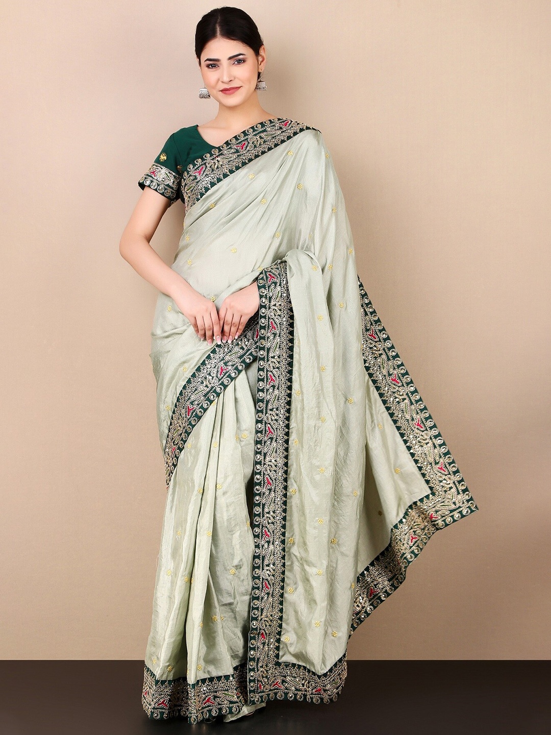 

KALINI Floral Embroidered Satin Saree, Green