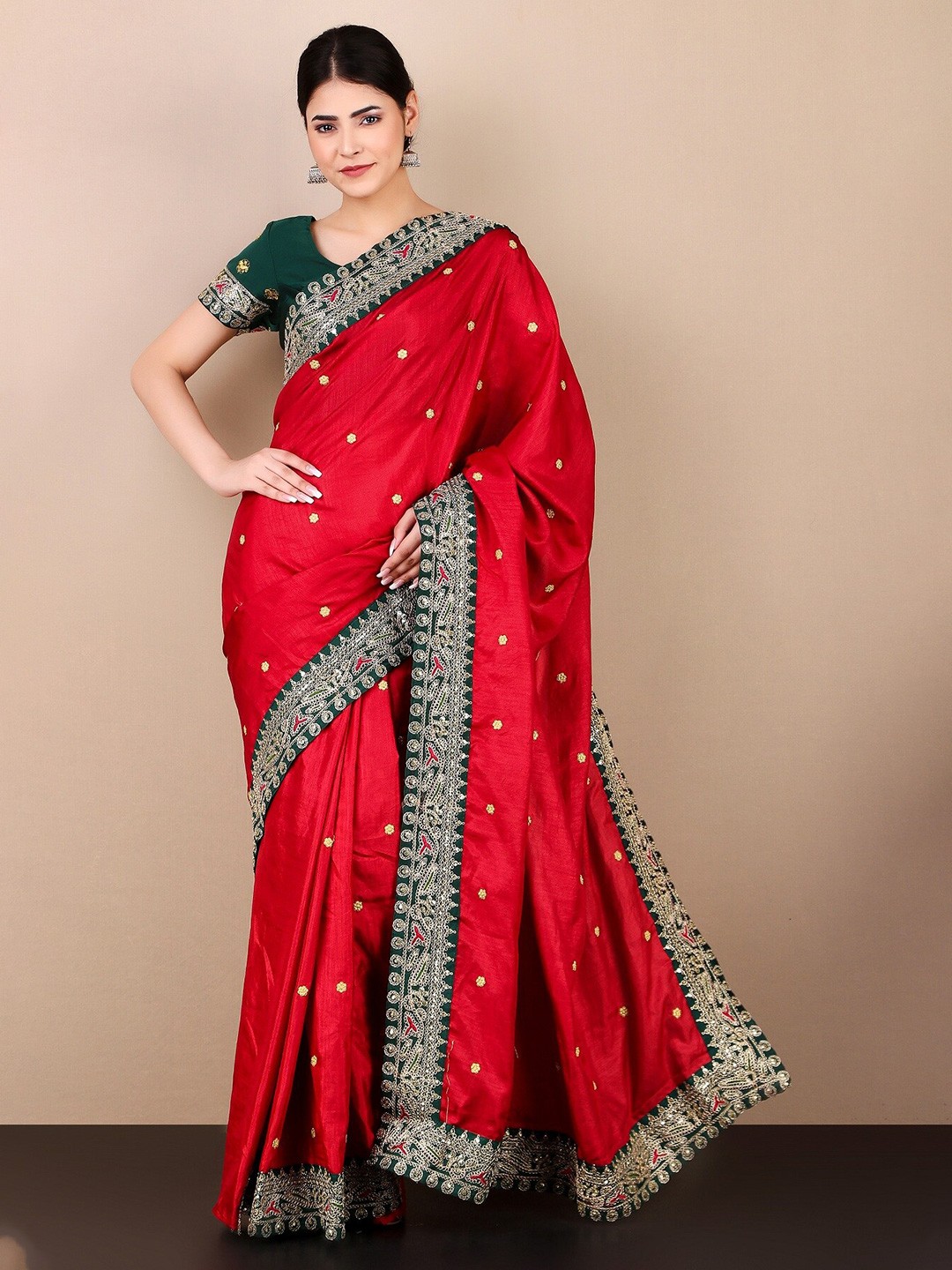 

KALINI Embroidered Satin Saree, Red