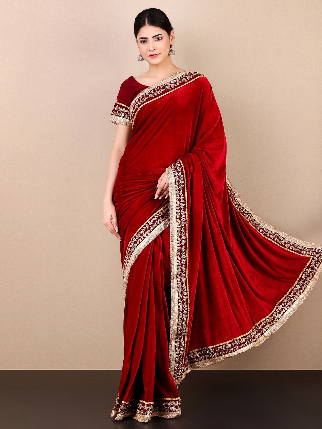 

KALINI Embroidered Velvet Saree, Maroon