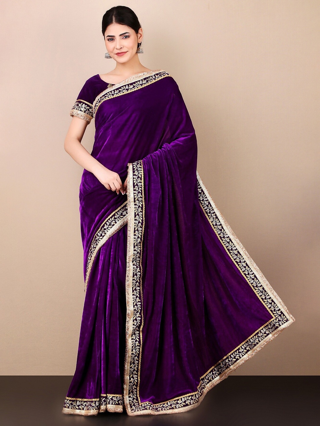 

KALINI Embroidered Velvet Saree, Purple