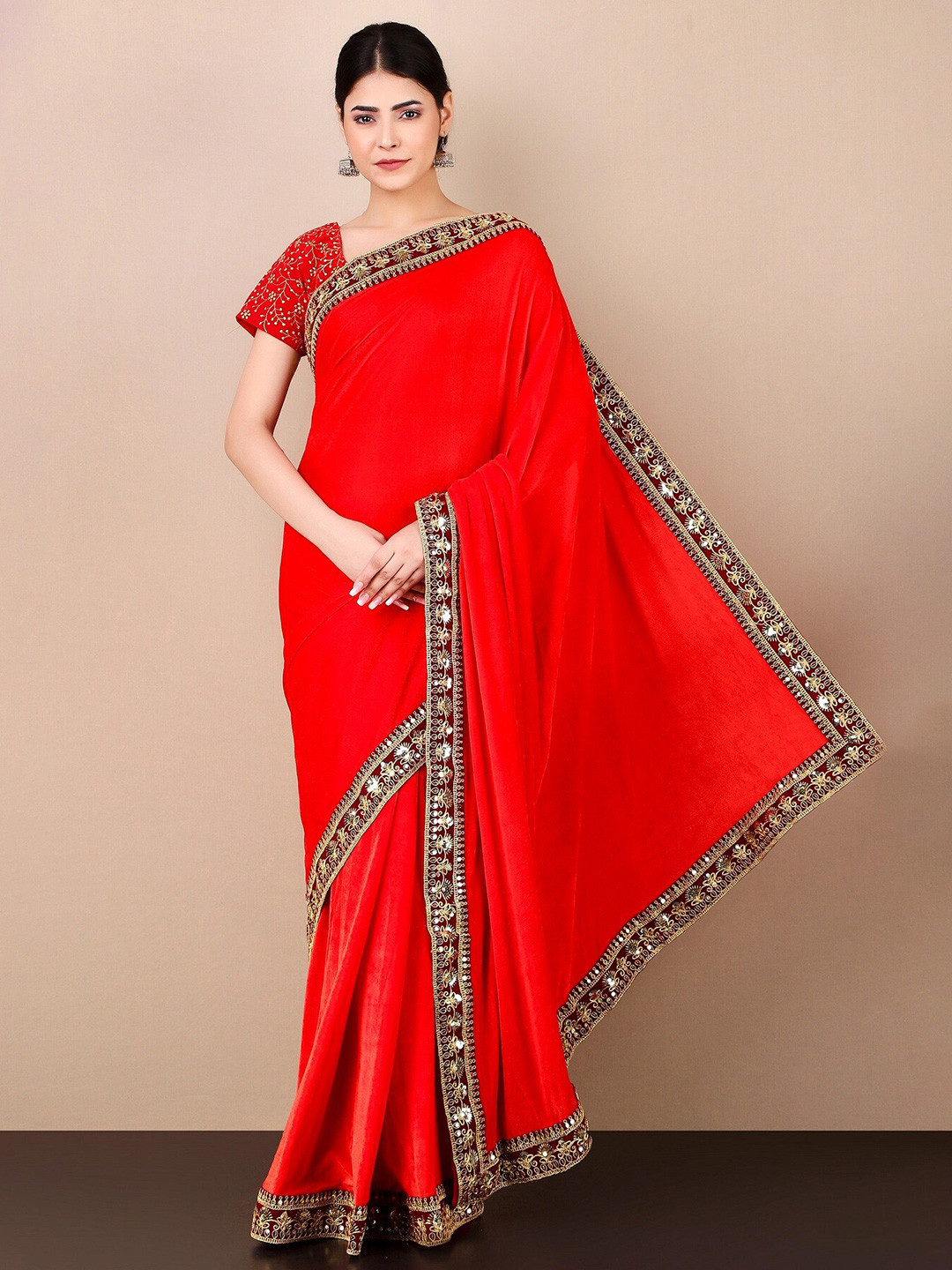 

KALINI Embellished Velvet Saree, Red