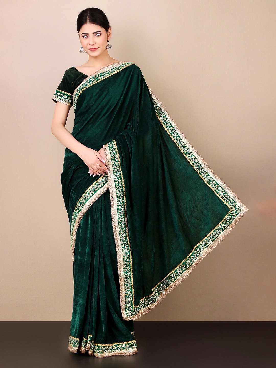 

KALINI Embellished Velvet Saree, Green