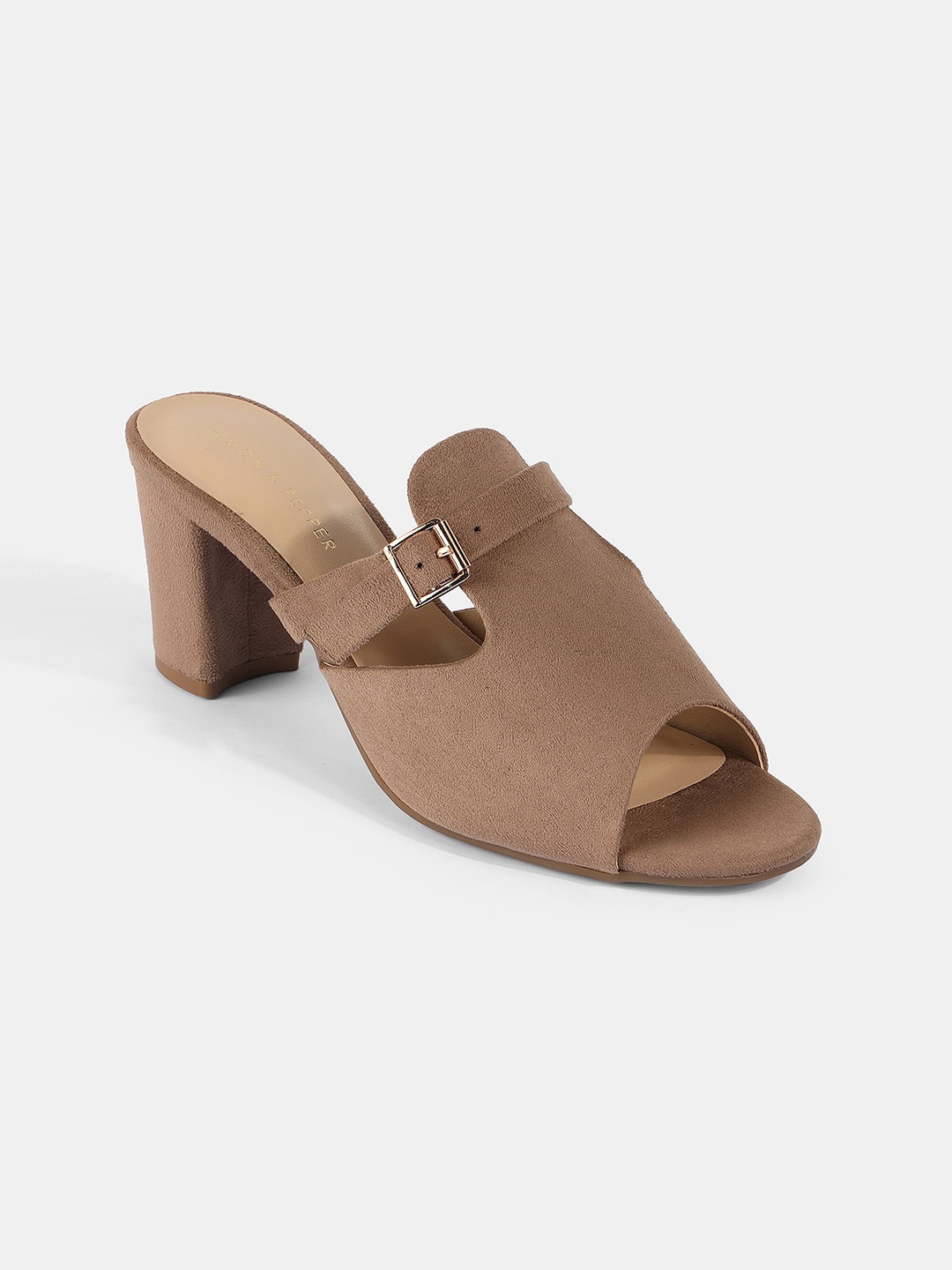 

LEMON & PEPPER Suede Block Peep Toes With Buckles, Beige